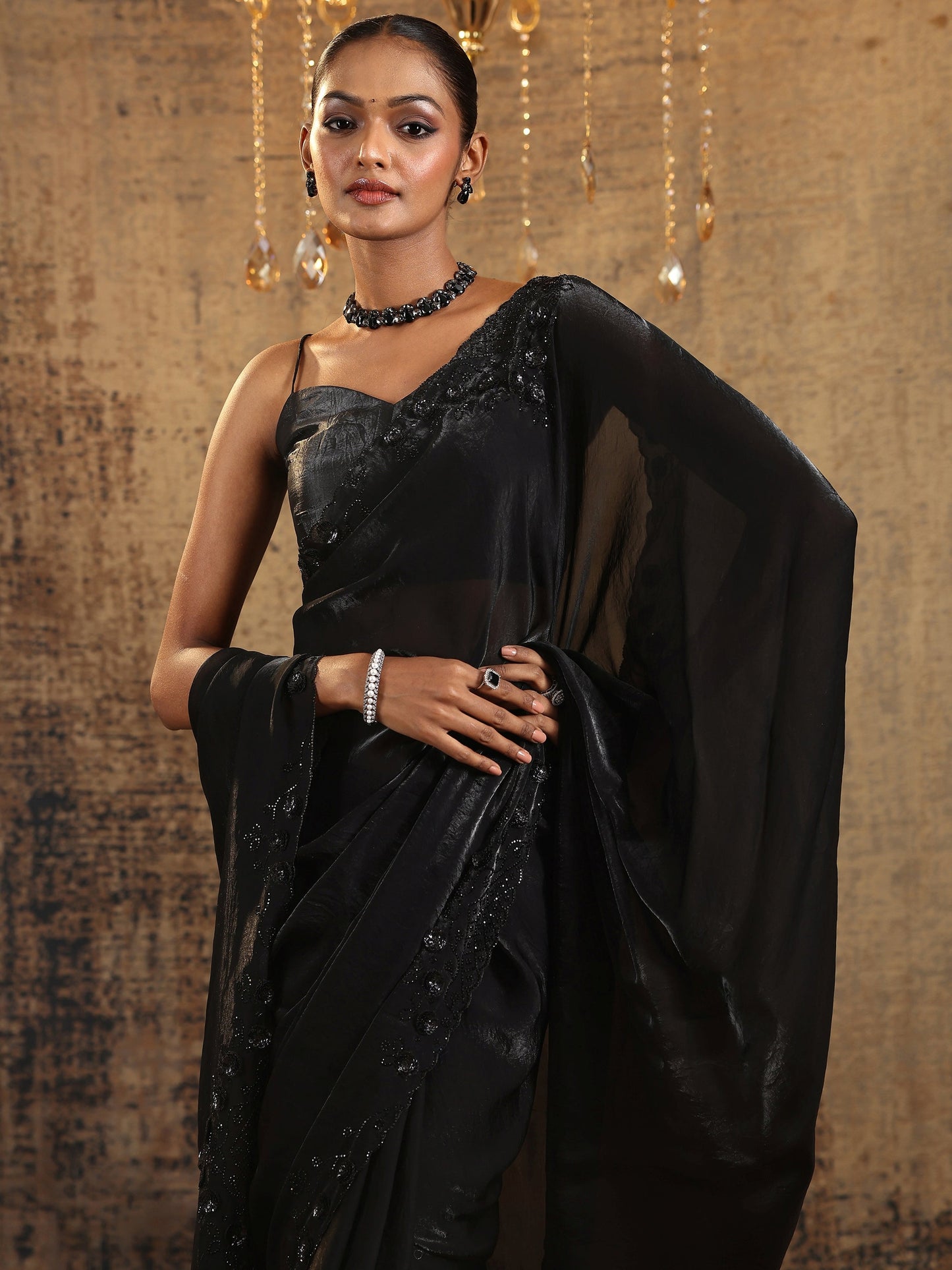 Black Solid Satin Saree With Unstitched Blouse Piece