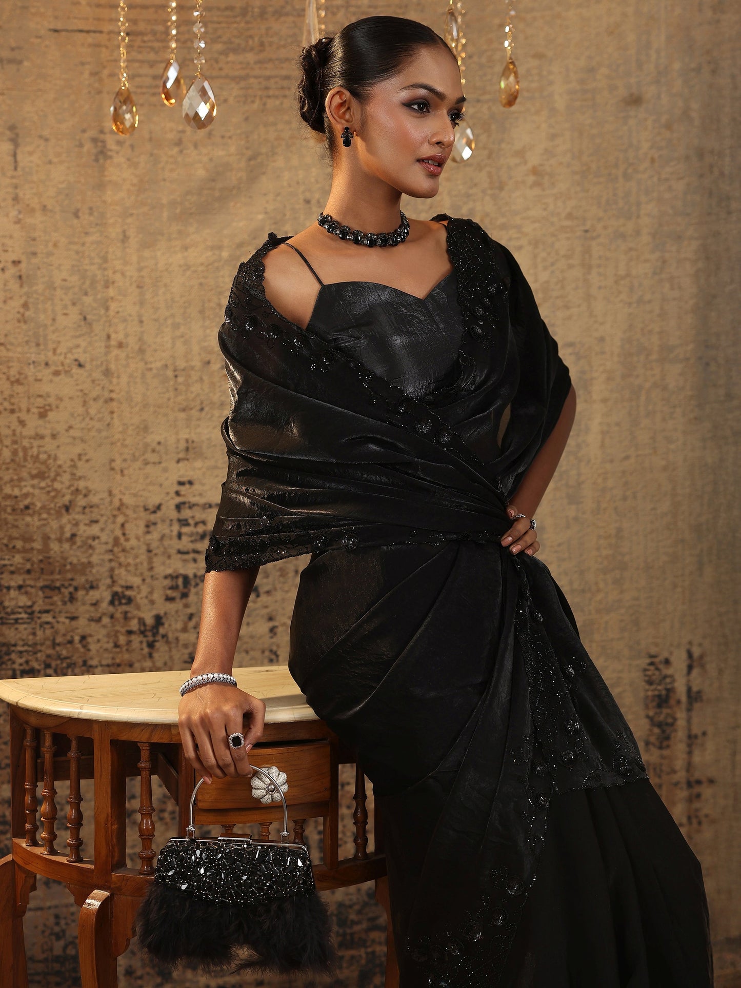 Black Solid Satin Saree With Unstitched Blouse Piece