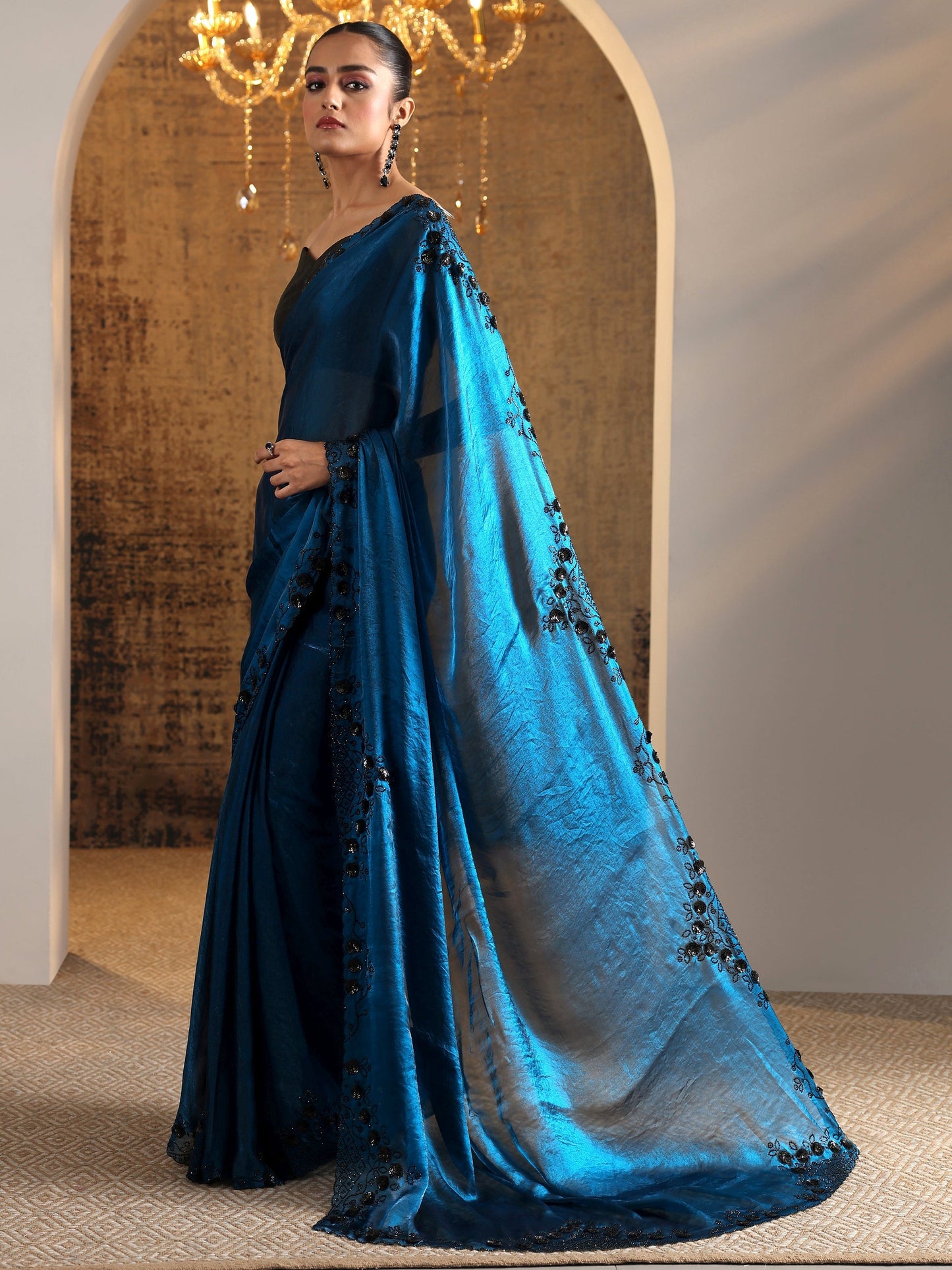 Navy Blue Solid Jimmy Choo Satin Saree With Unstitched Blouse Piece