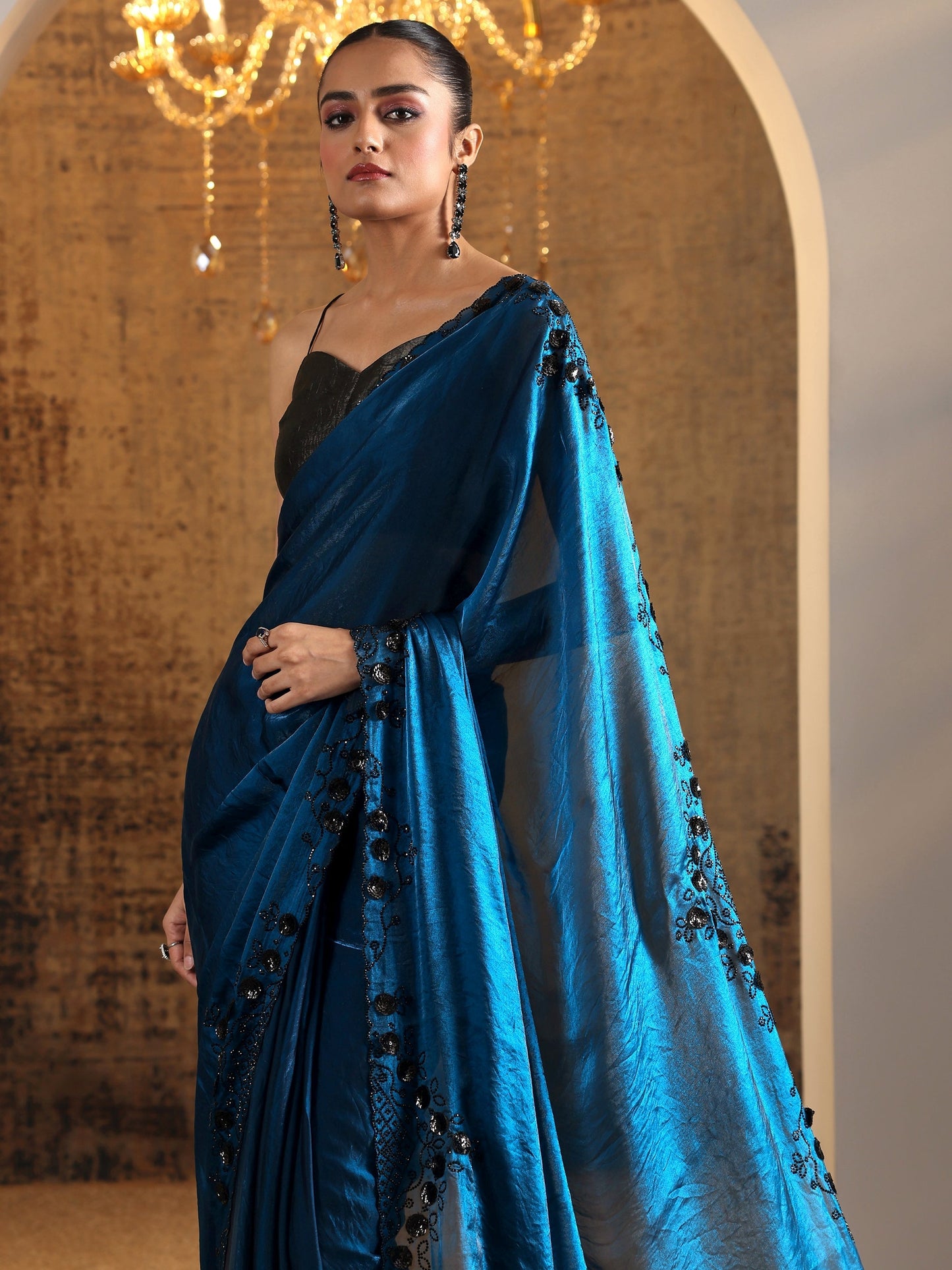 Navy Blue Solid Jimmy Choo Satin Saree With Unstitched Blouse Piece