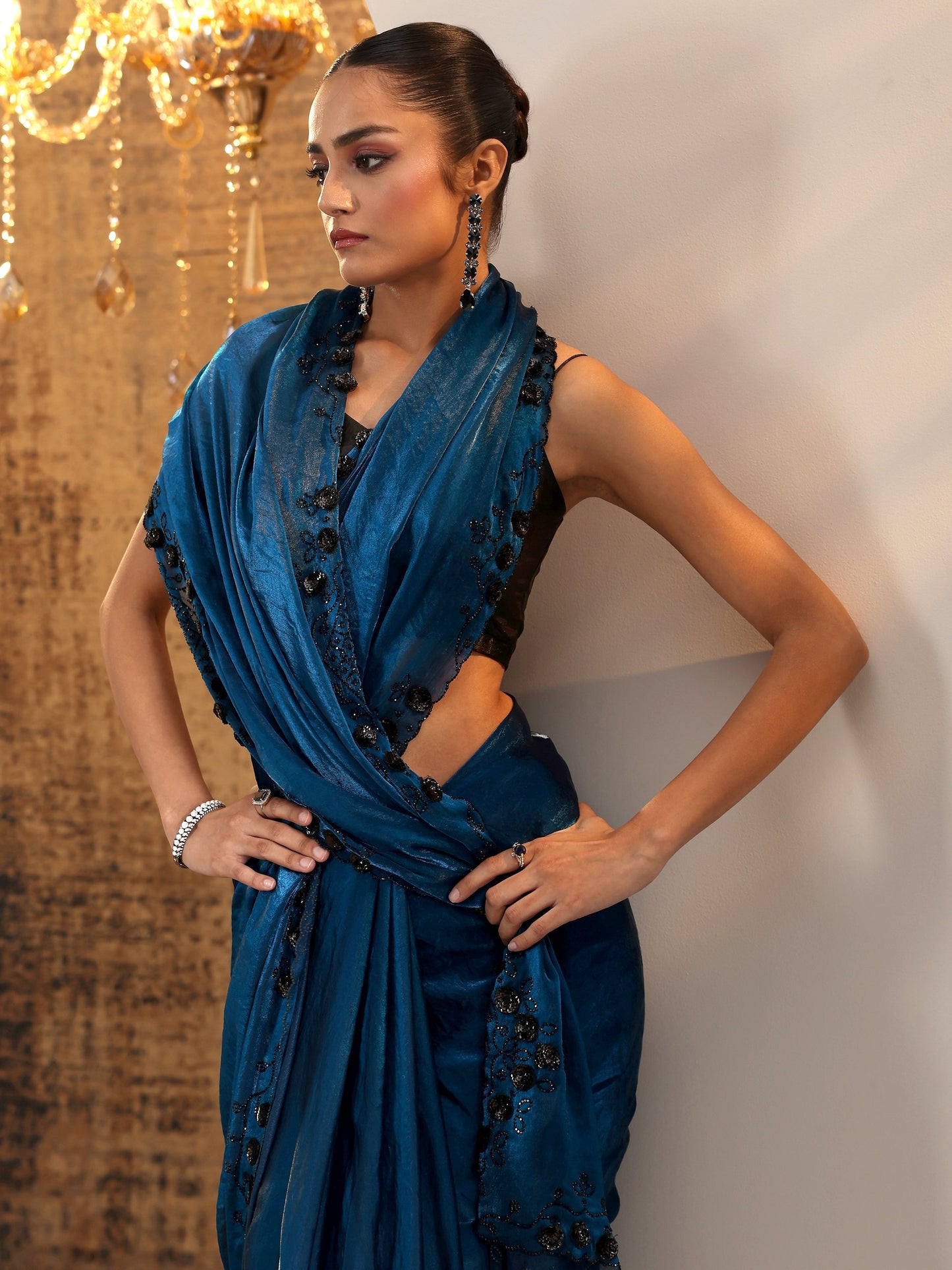 Navy Blue Solid Jimmy Choo Satin Saree With Unstitched Blouse Piece