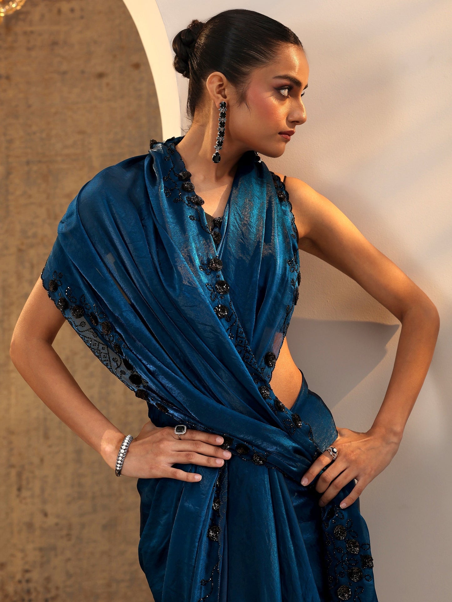 Navy Blue Solid Jimmy Choo Satin Saree With Unstitched Blouse Piece
