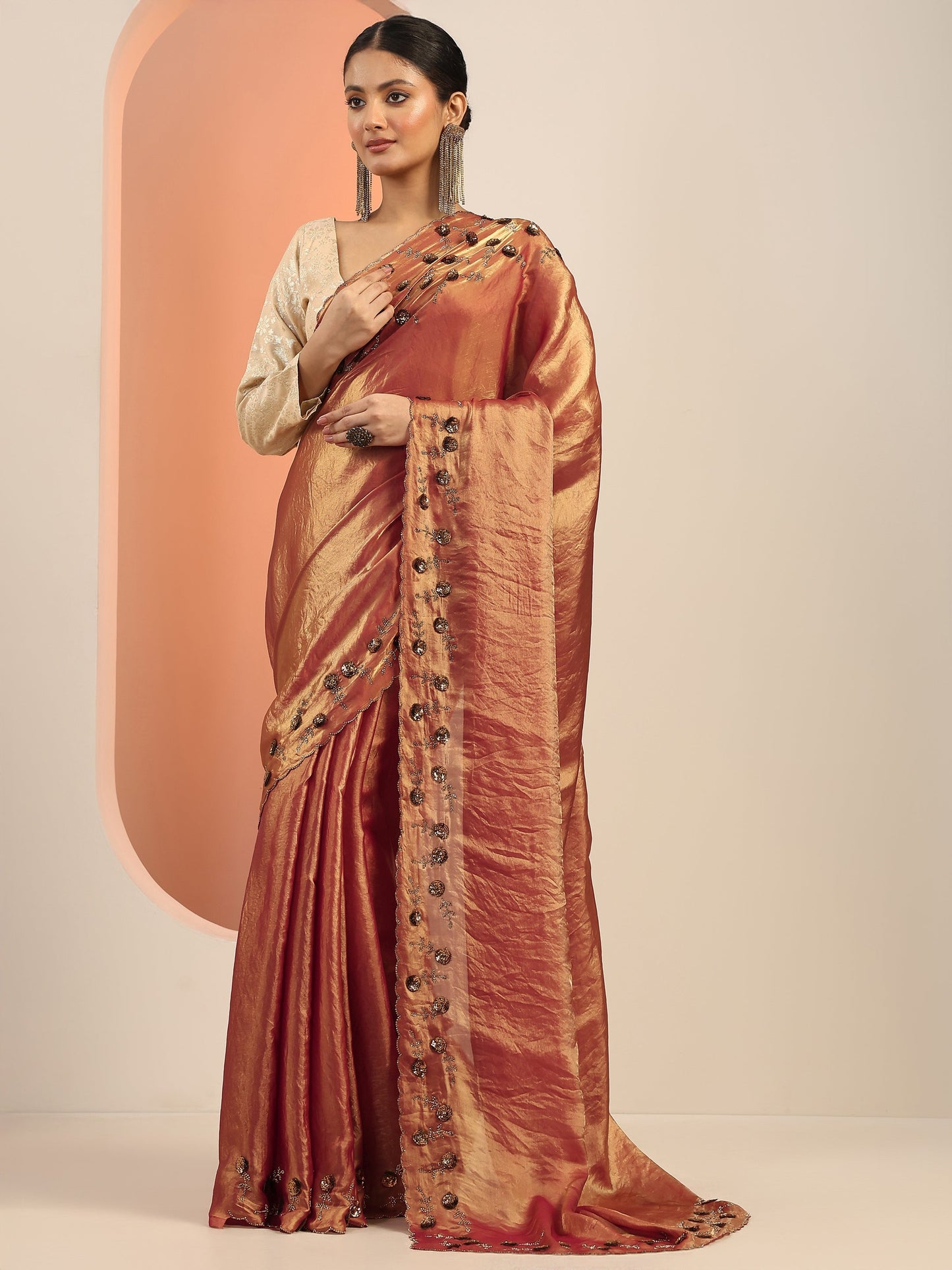 Copper Solid Satin Saree With Unstitched Blouse Piece