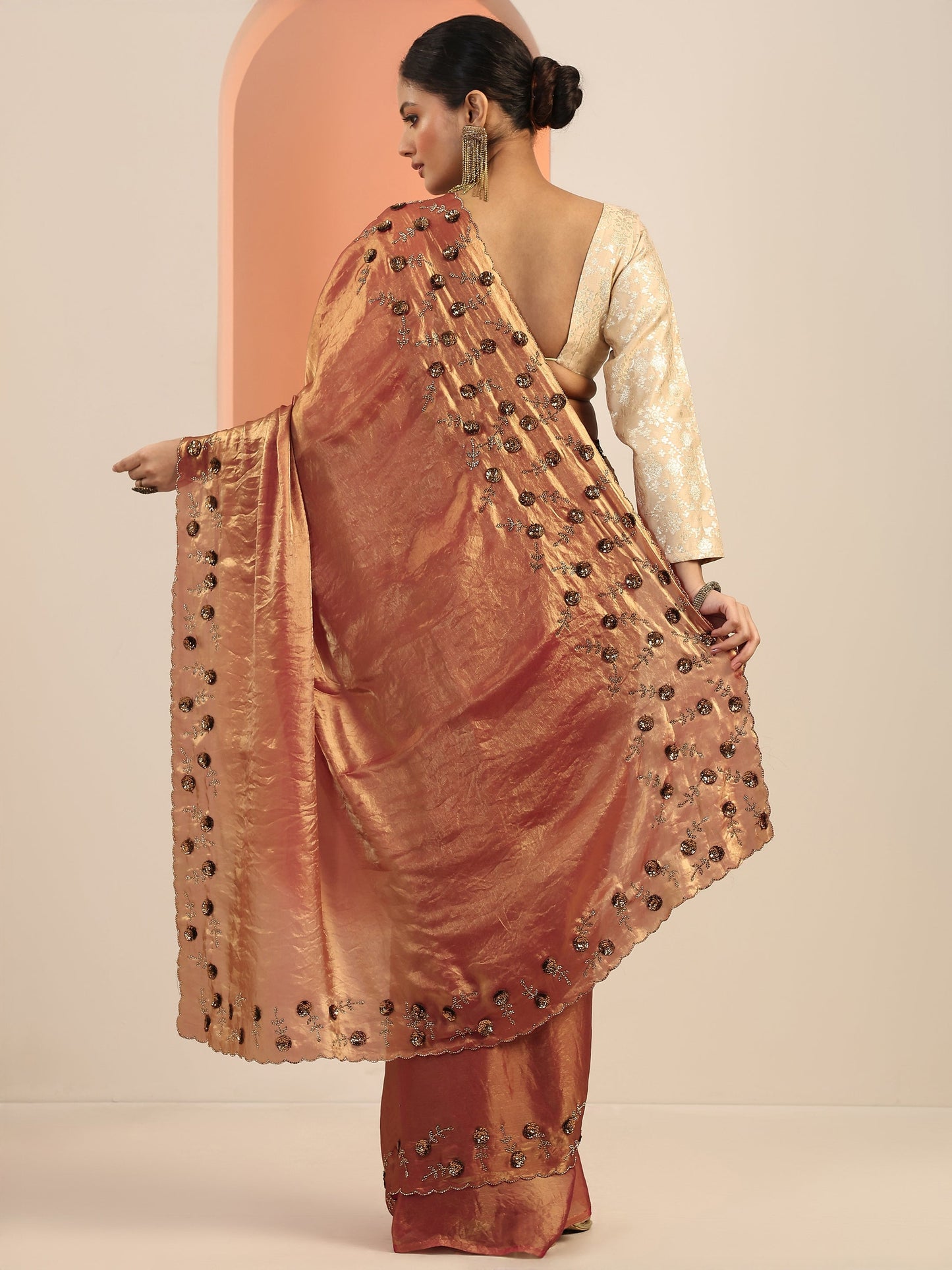 Copper Solid Satin Saree With Unstitched Blouse Piece