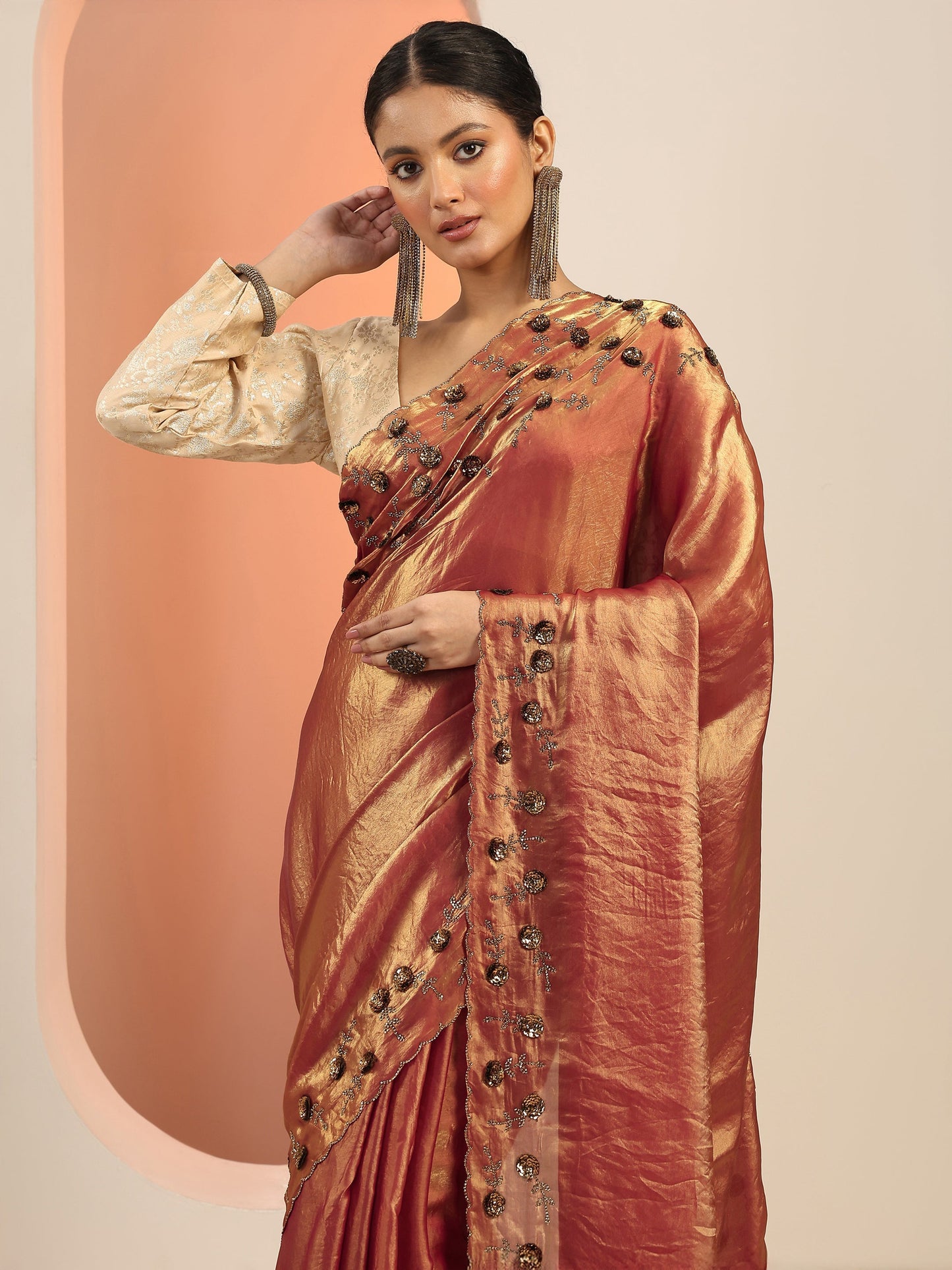 Copper Solid Satin Saree With Unstitched Blouse Piece