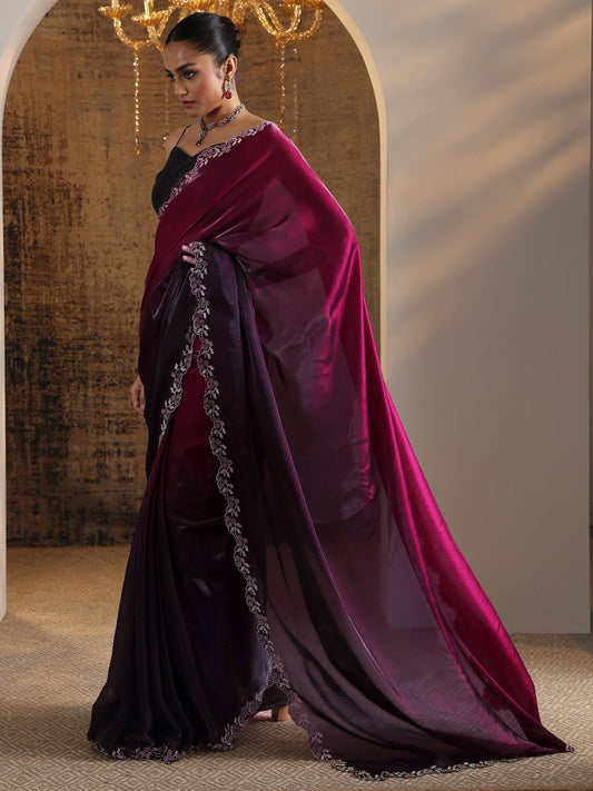 Burgundy Solid Satin Saree With Unstitched Blouse Piece