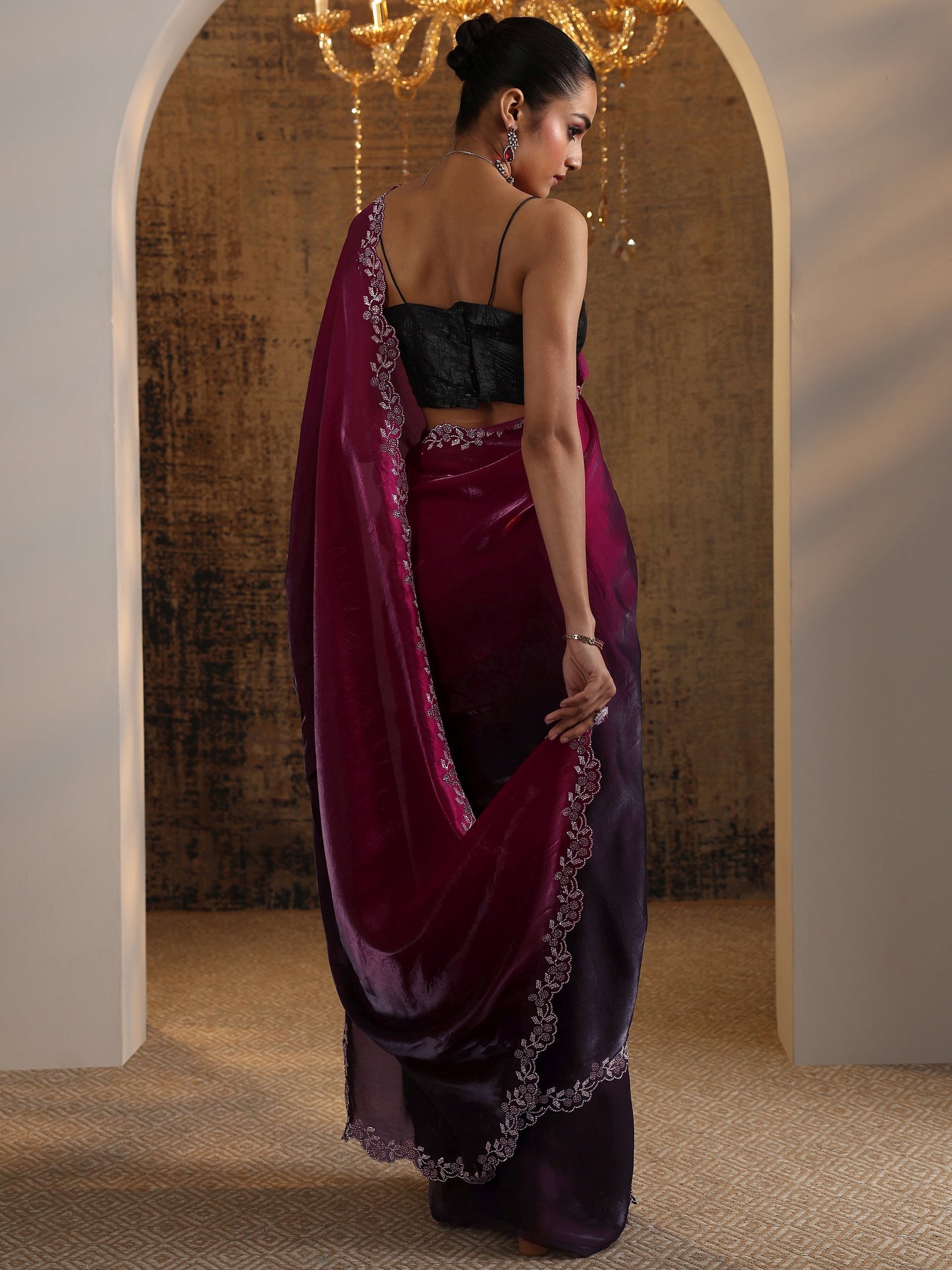 Burgundy Solid Satin Saree With Unstitched Blouse Piece