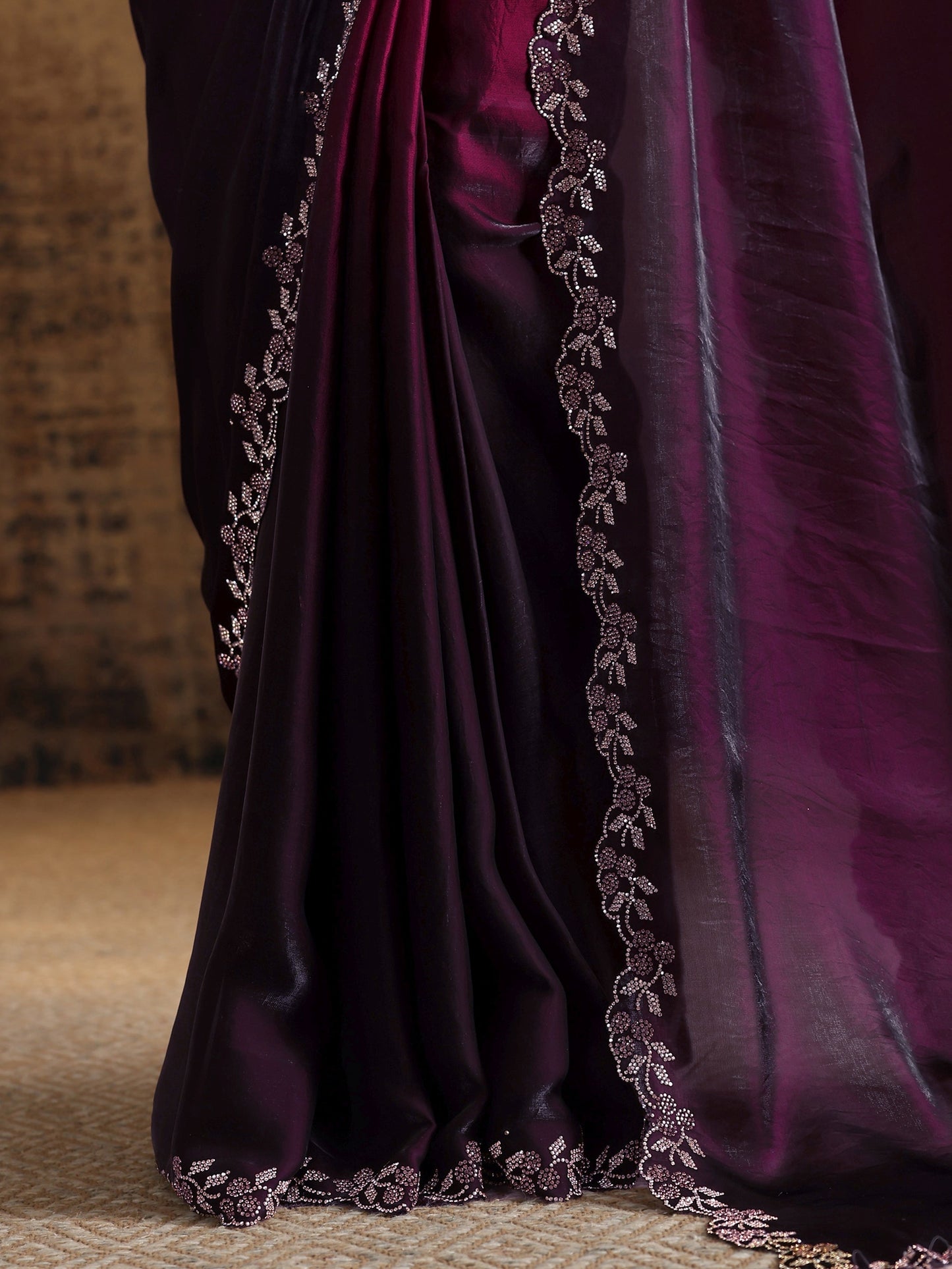 Burgundy Solid Satin Saree With Unstitched Blouse Piece