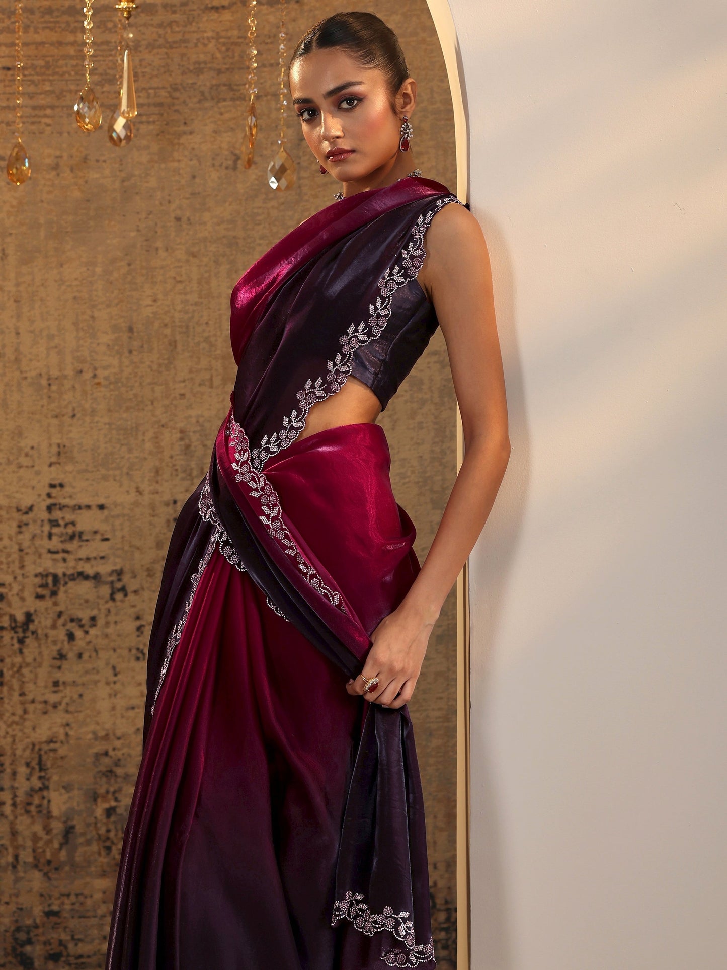 Burgundy Solid Satin Saree With Unstitched Blouse Piece