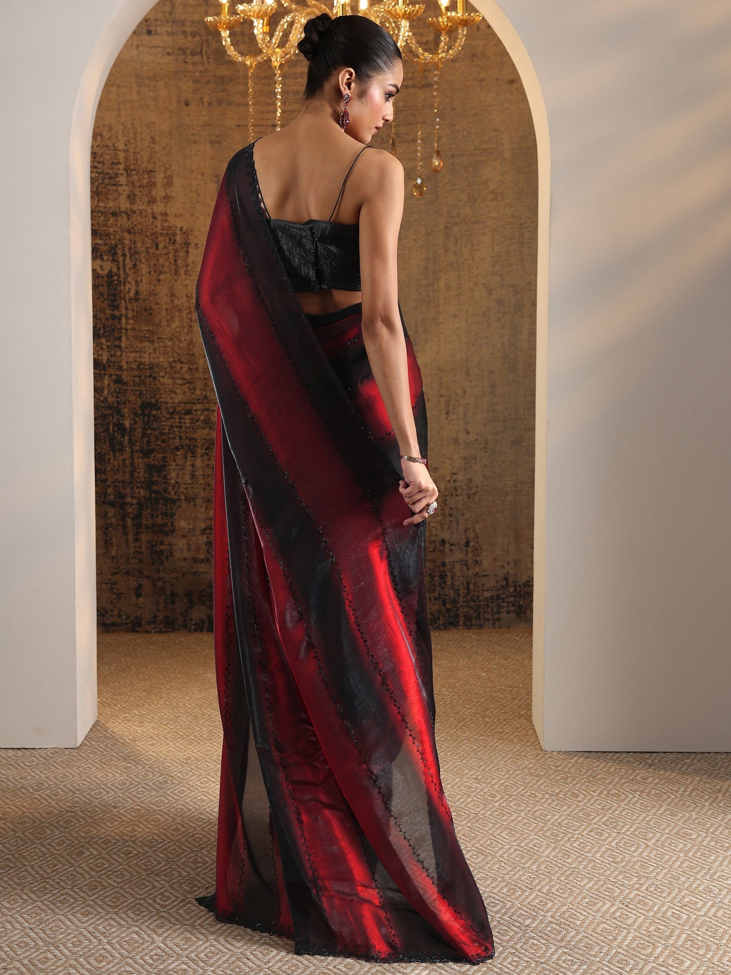 Maroon Embellished Satin Saree With Unstitched Blouse Piece