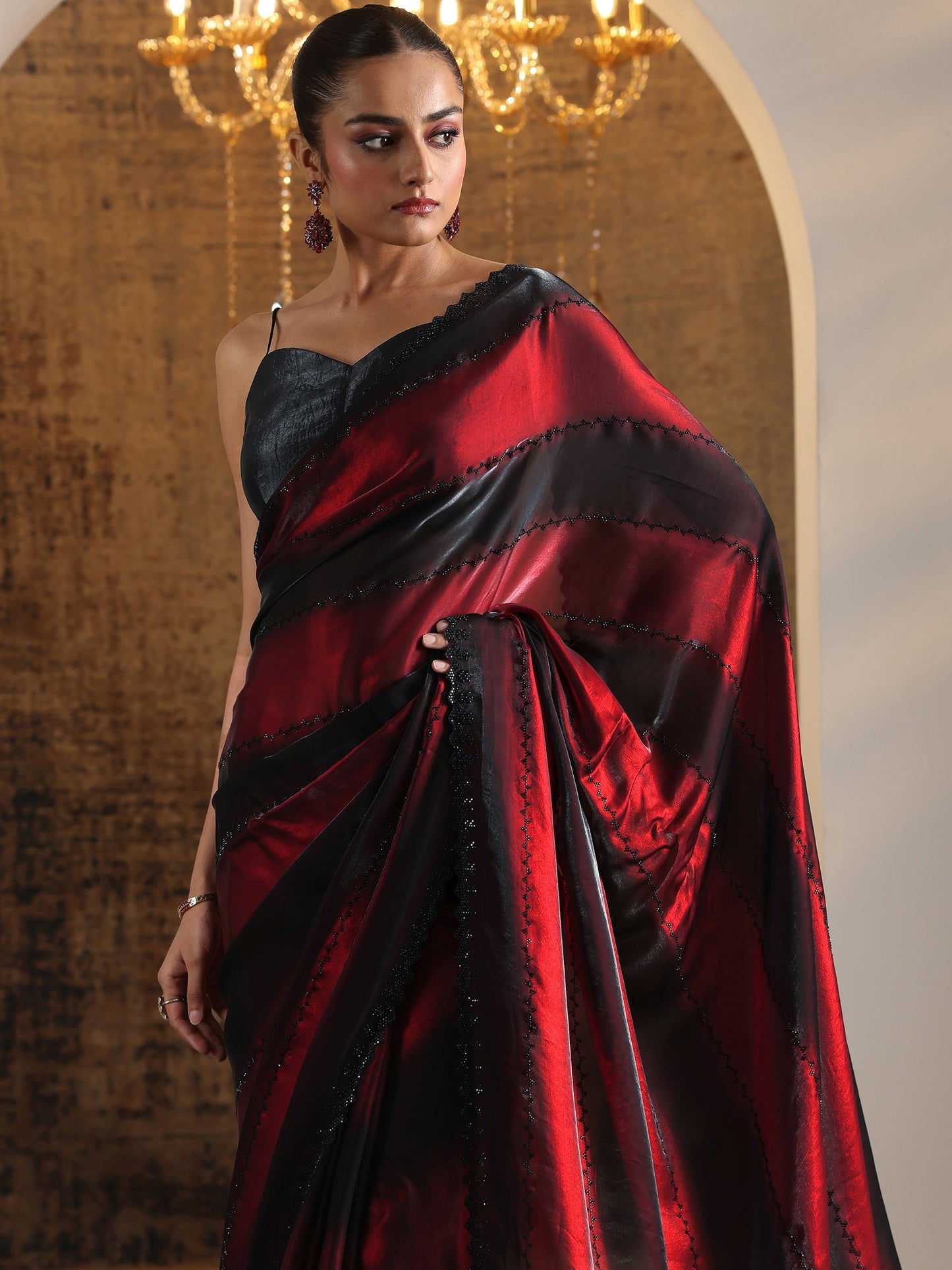 Maroon Embellished Satin Saree With Unstitched Blouse Piece