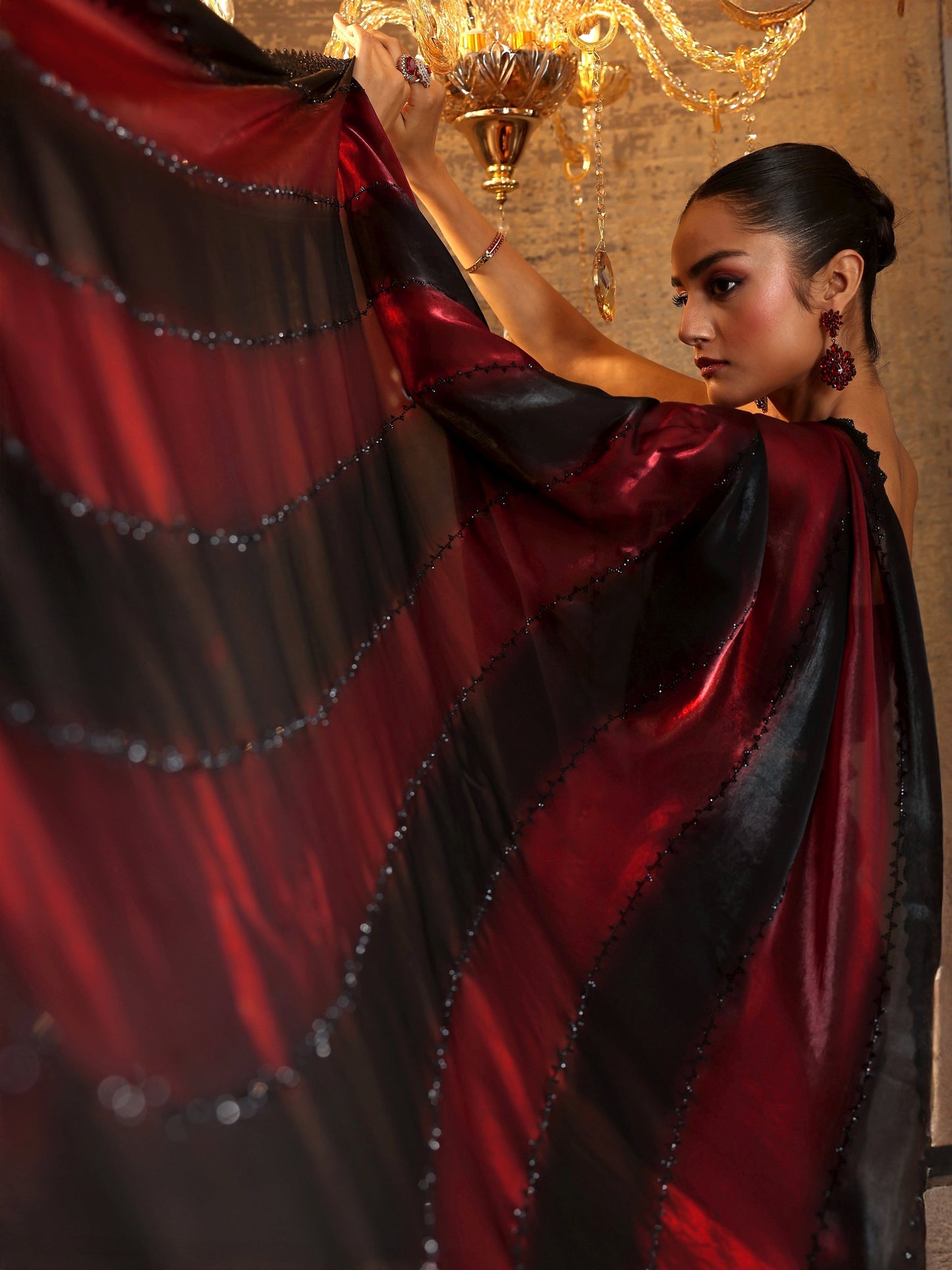 Maroon Embellished Satin Saree With Unstitched Blouse Piece