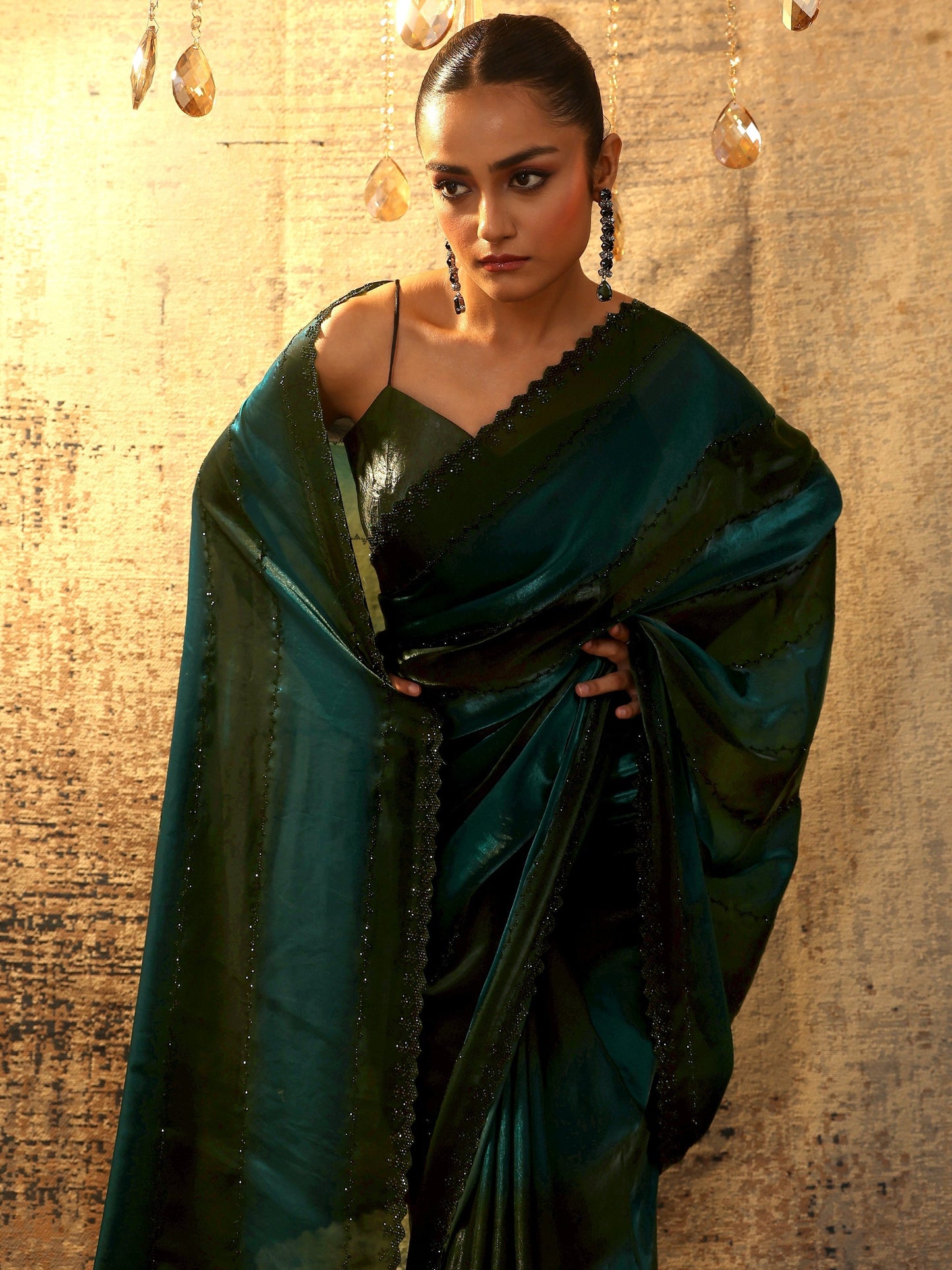 Teal Embellished Jimmy Choo Satin Saree With Unstitched Blouse Piece