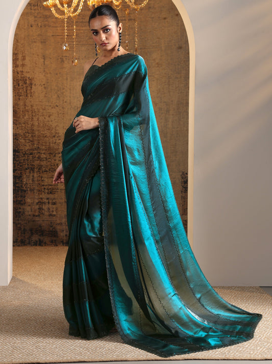 Teal Embellished Jimmy Choo Satin Saree With Unstitched Blouse Piece