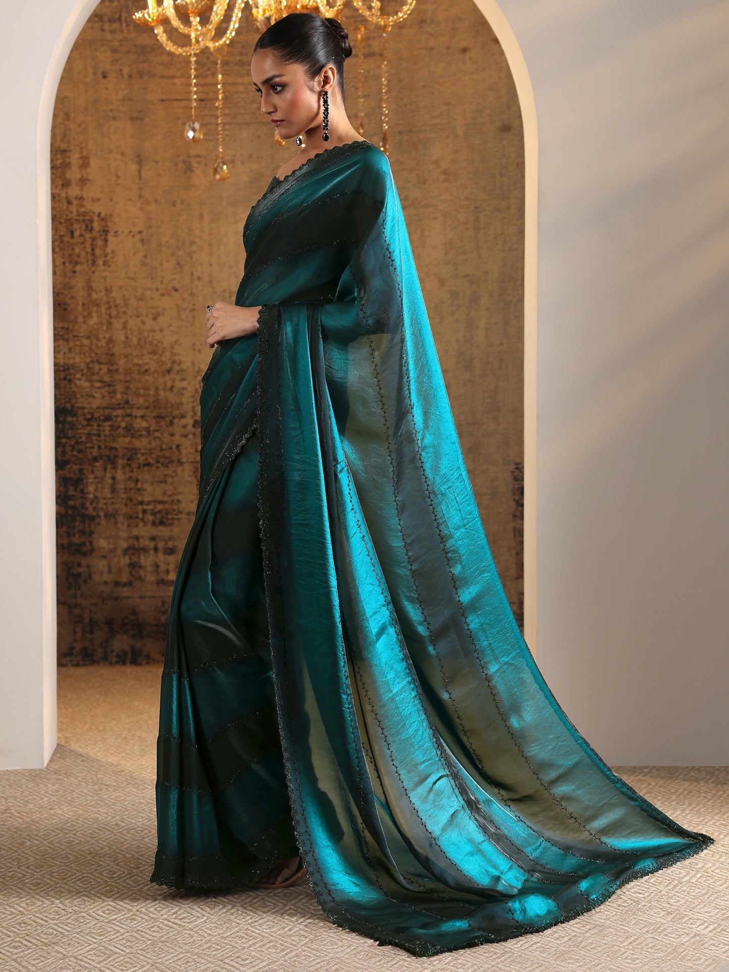 Teal Embellished Jimmy Choo Satin Saree With Unstitched Blouse Piece