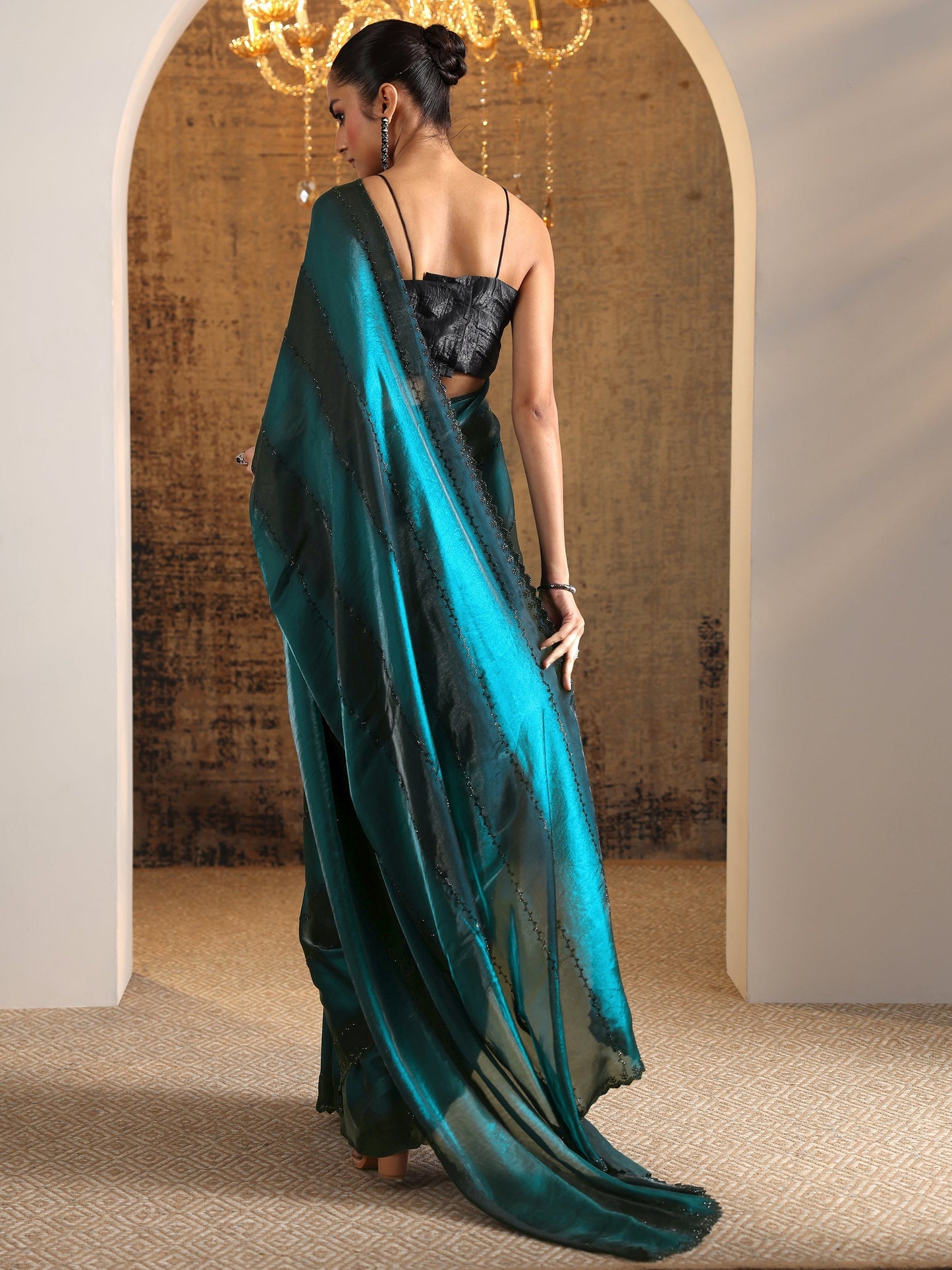 Teal Embellished Jimmy Choo Satin Saree With Unstitched Blouse Piece