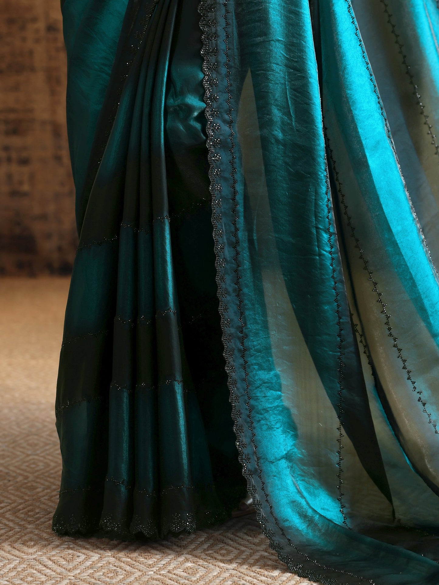 Teal Embellished Jimmy Choo Satin Saree With Unstitched Blouse Piece