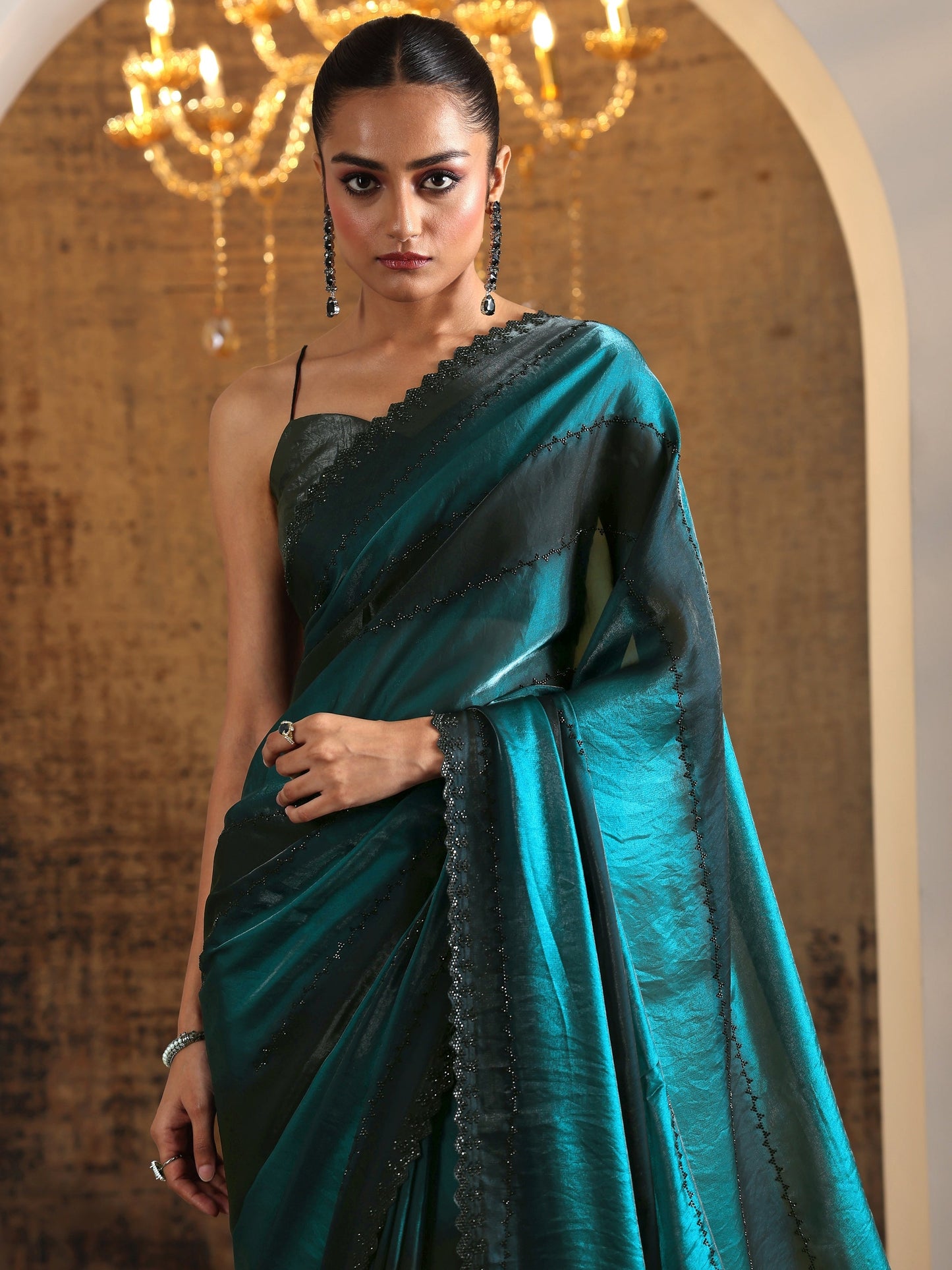 Teal Embellished Jimmy Choo Satin Saree With Unstitched Blouse Piece