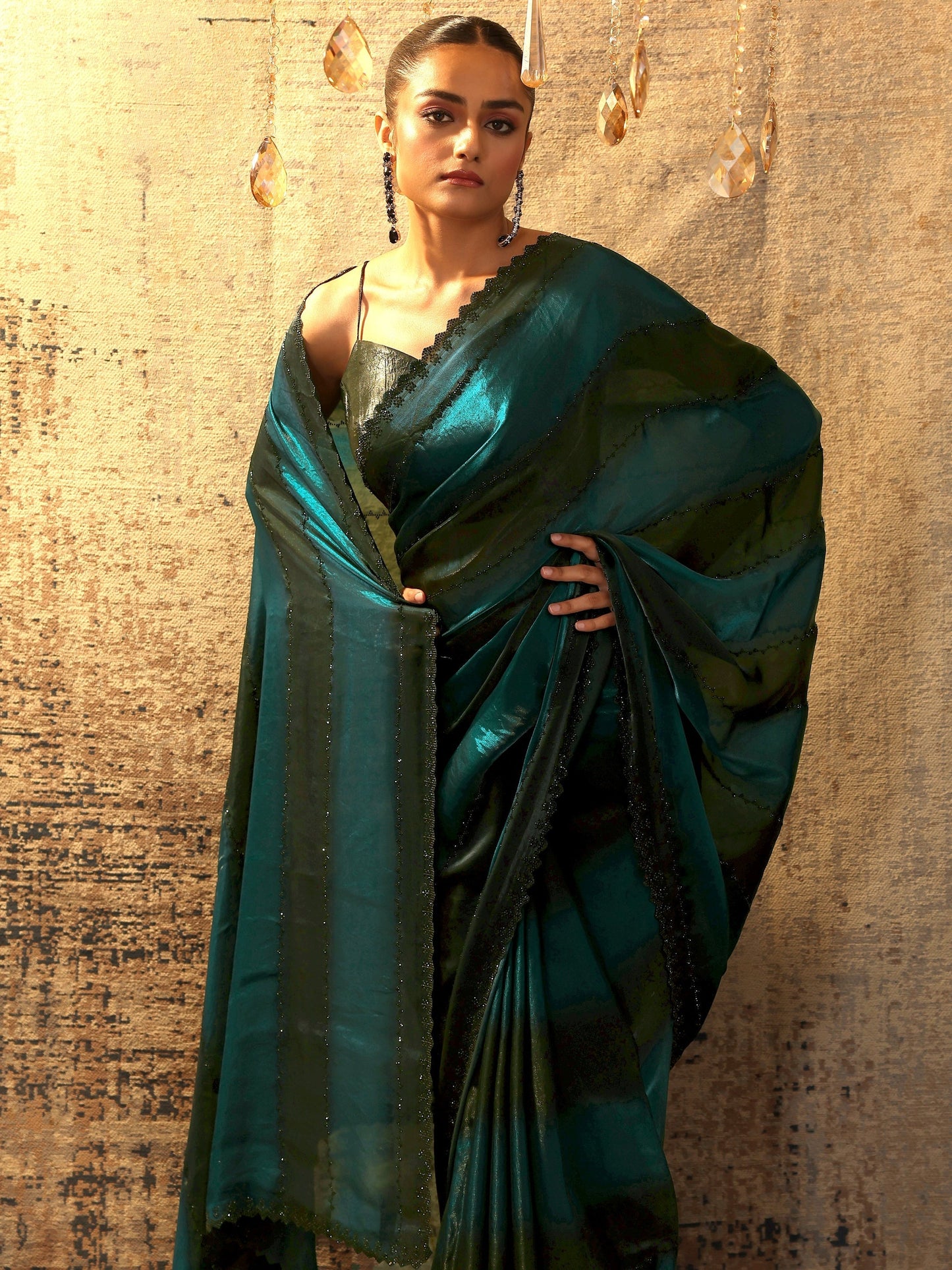 Teal Embellished Jimmy Choo Satin Saree With Unstitched Blouse Piece
