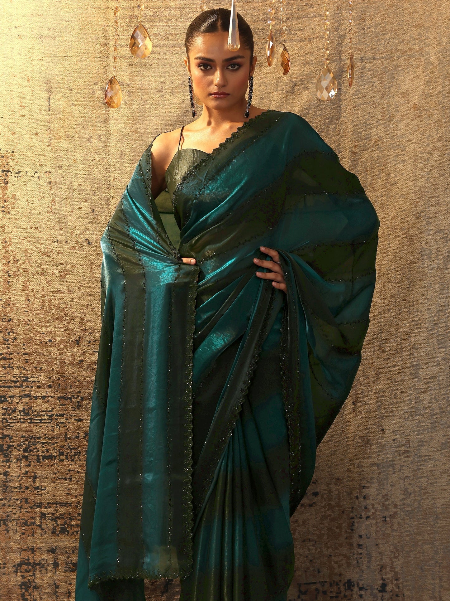 Teal Embellished Jimmy Choo Satin Saree With Unstitched Blouse Piece