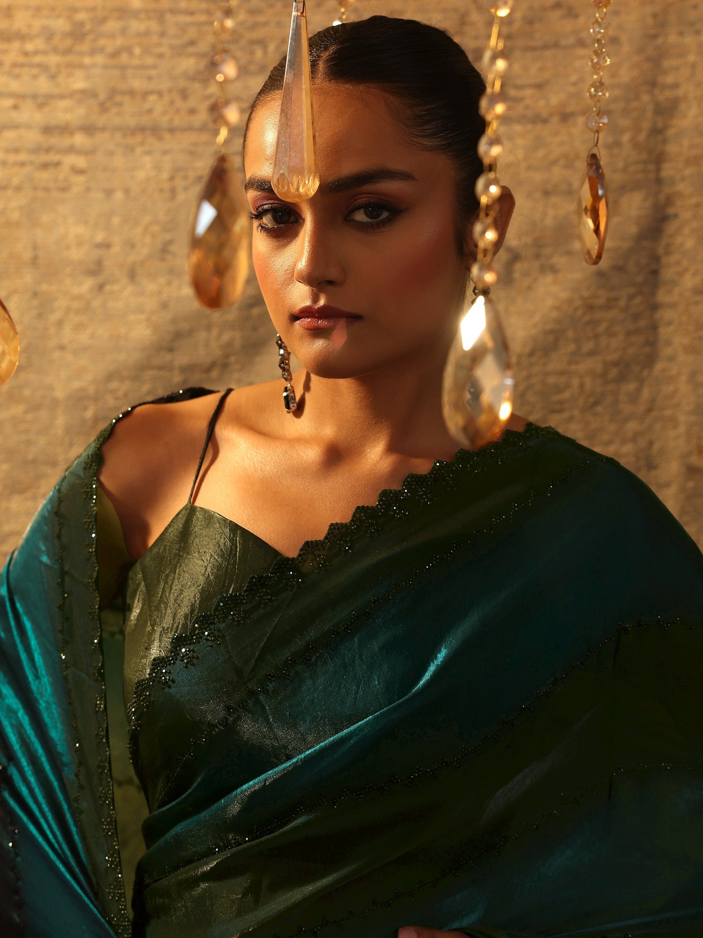 Teal Embellished Jimmy Choo Satin Saree With Unstitched Blouse Piece