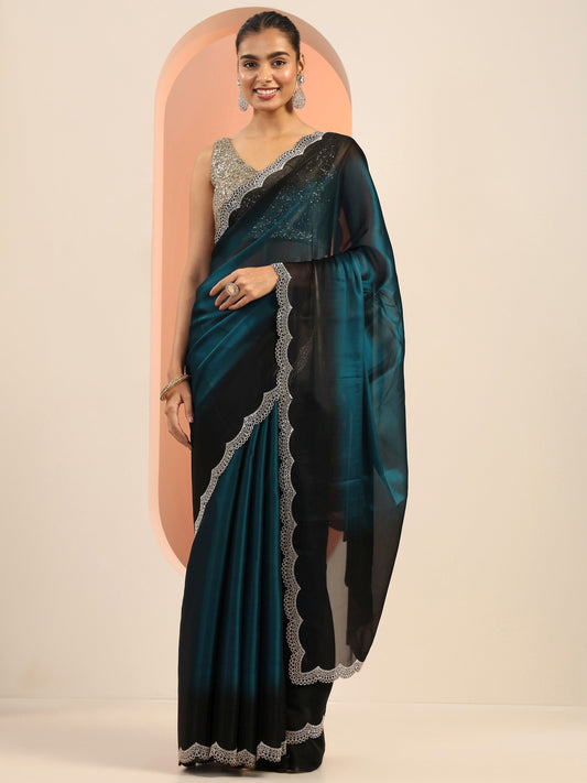 Teal Solid Satin Saree With Unstitched Blouse Piece