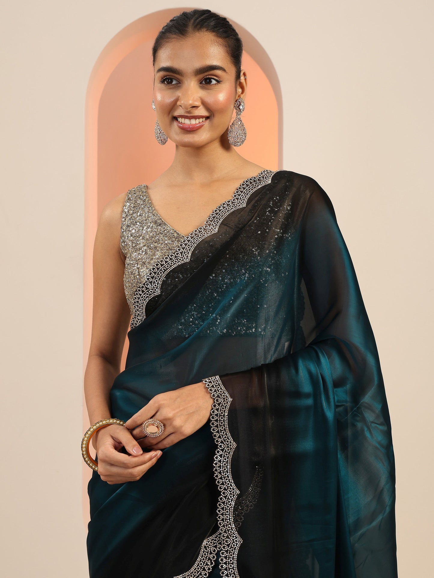 Teal Solid Satin Saree With Unstitched Blouse Piece