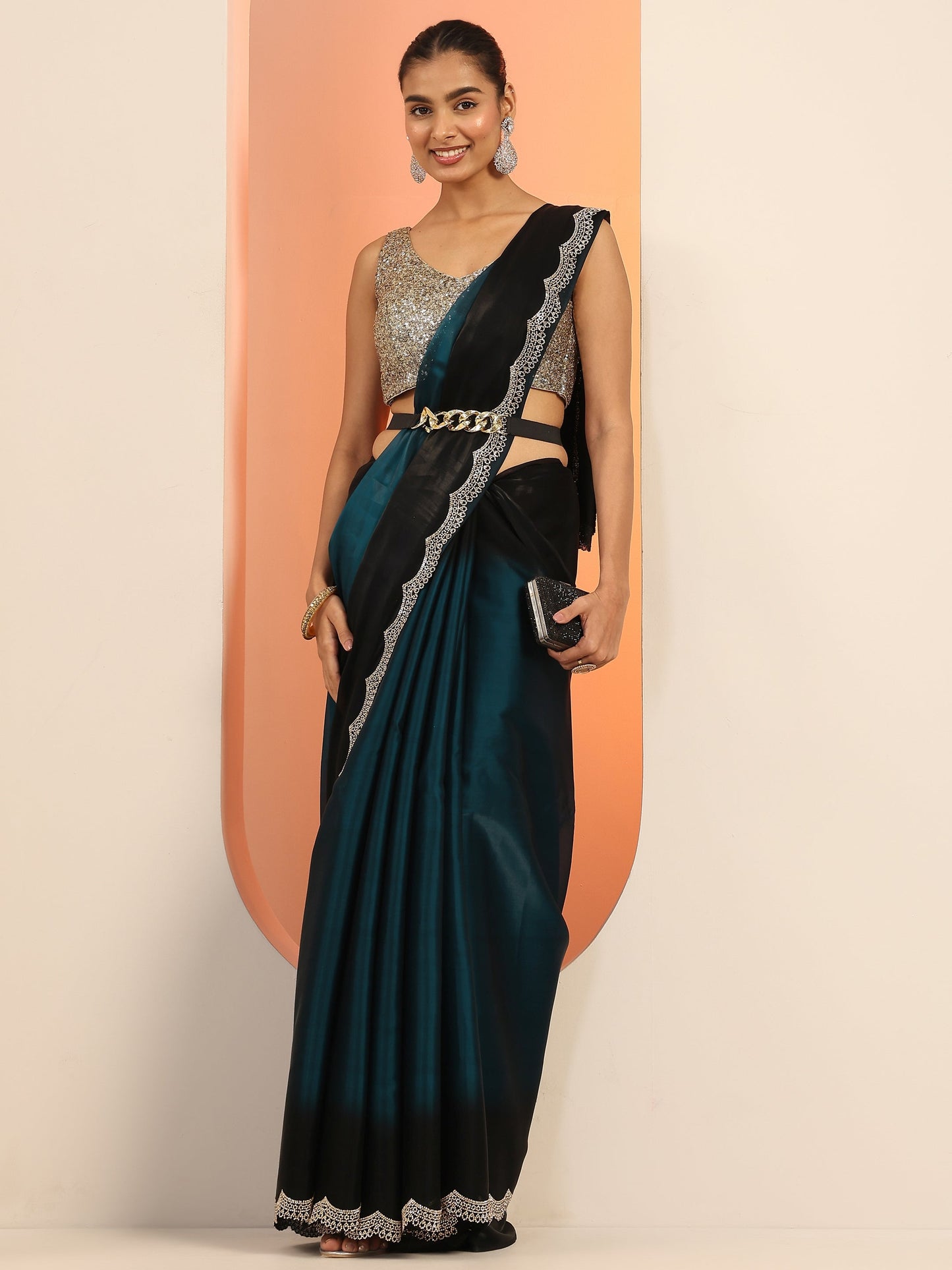 Teal Solid Satin Saree With Unstitched Blouse Piece