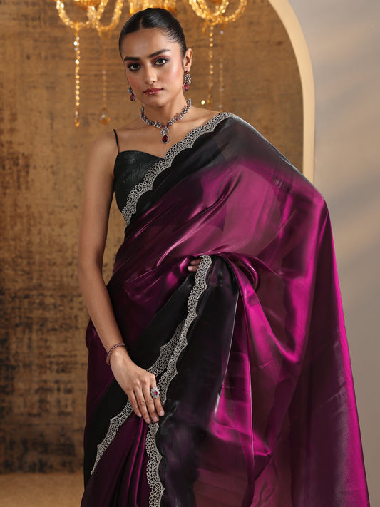 Burgundy Solid Satin Saree With Unstitched Blouse Piece