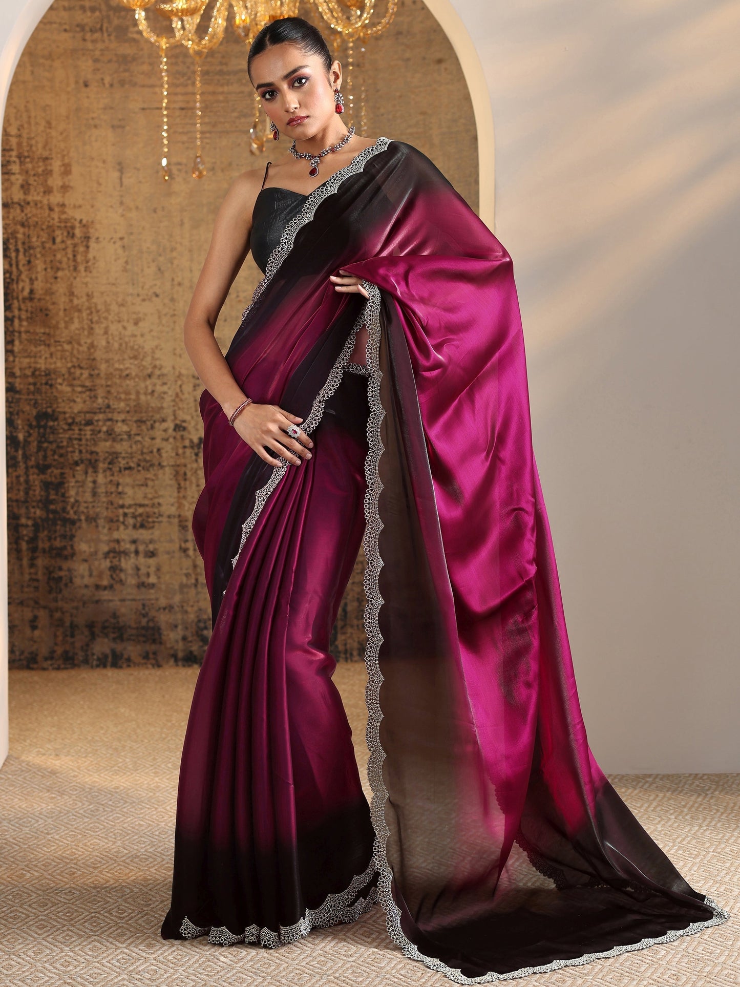 Red Solid Jimmy Choo Satin Saree With Unstitched Blouse Piece