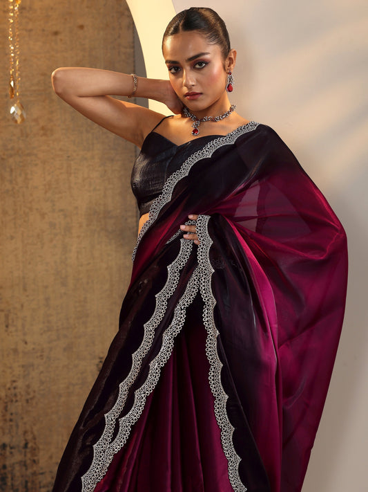 Red Solid Jimmy Choo Satin Saree With Unstitched Blouse Piece