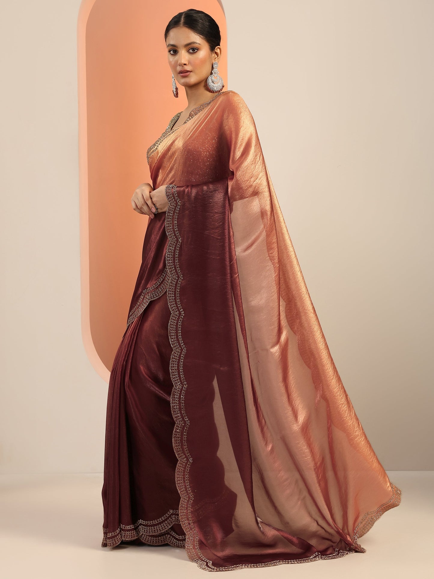 Rust Solid Satin Saree With Unstitched Blouse Piece