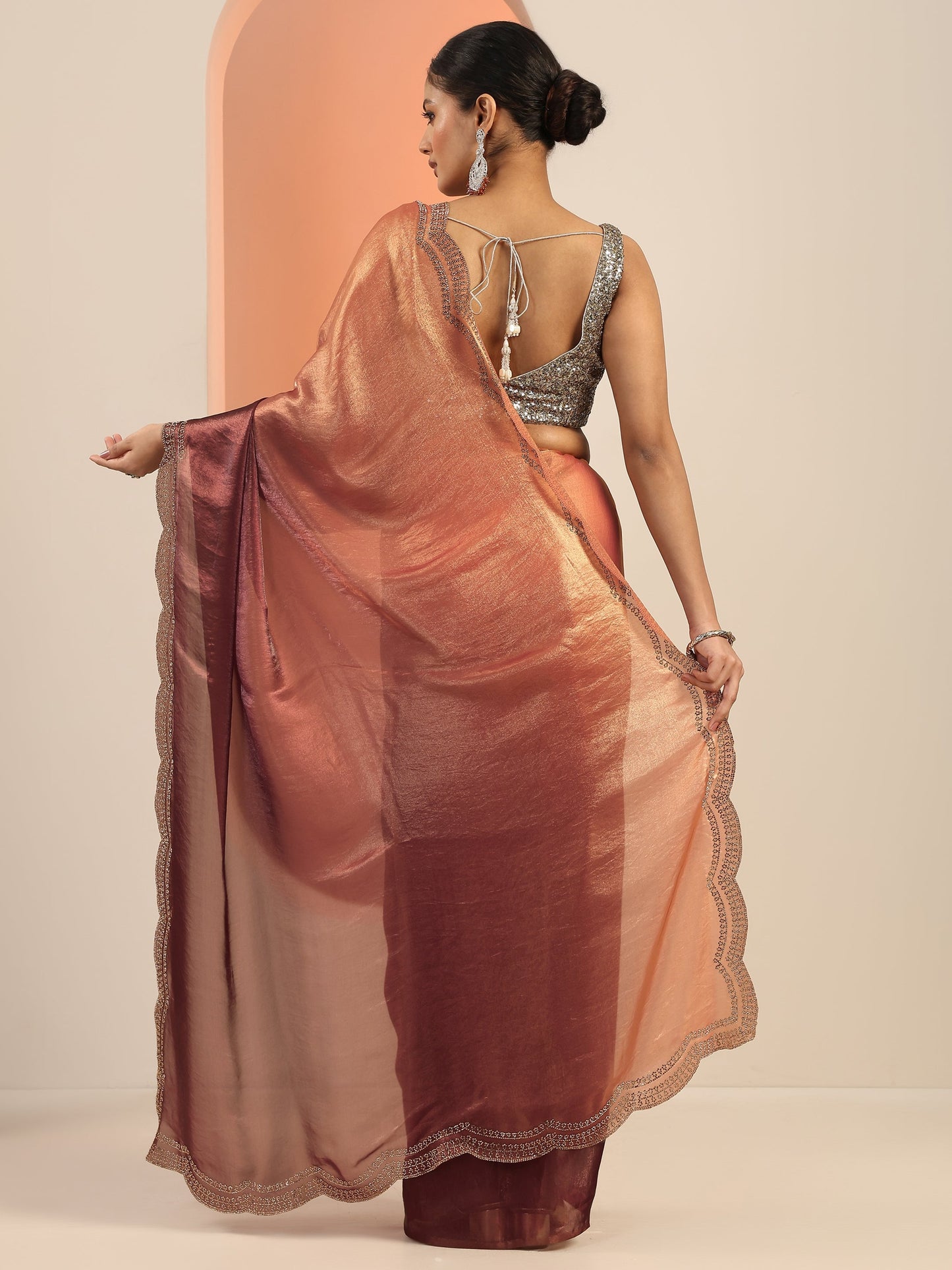 Rust Solid Satin Saree With Unstitched Blouse Piece