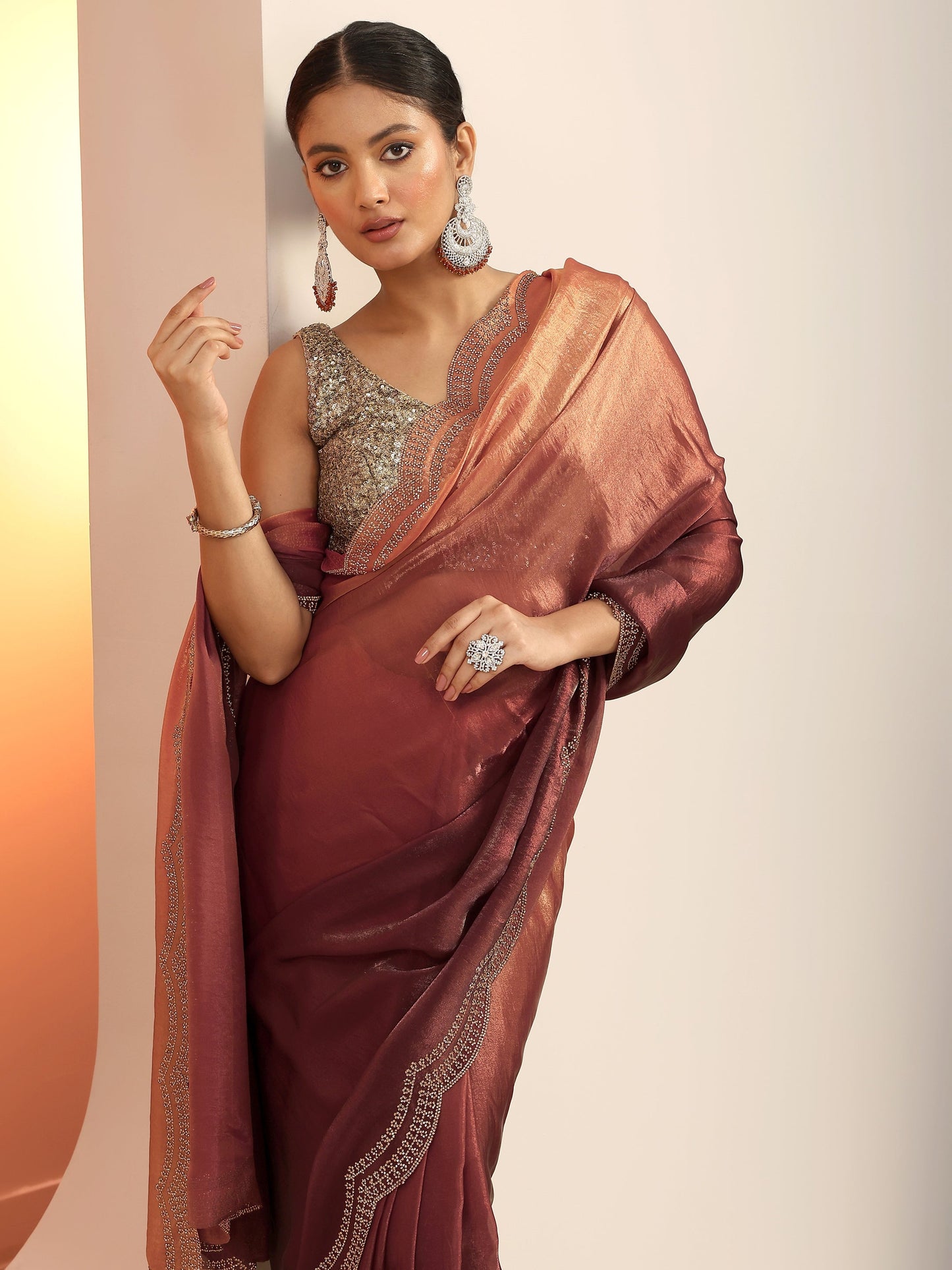 Rust Solid Satin Saree With Unstitched Blouse Piece