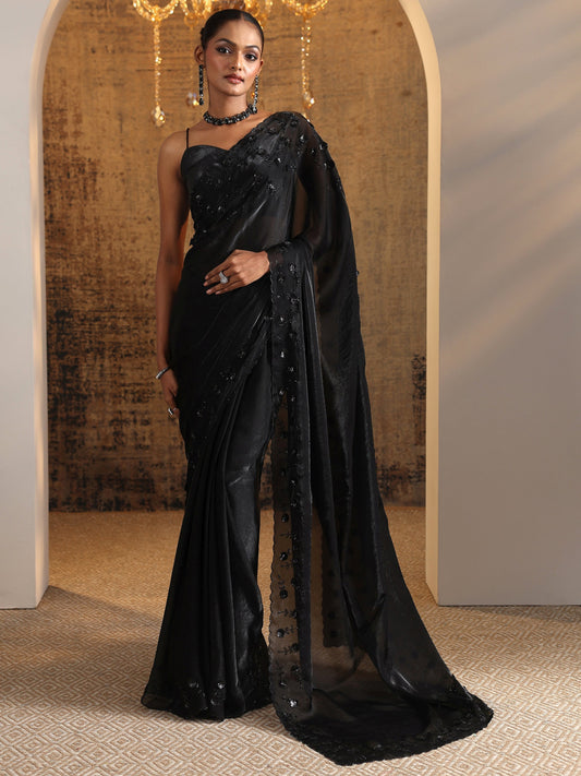 Black Solid Satin Saree With Unstitched Blouse Piece