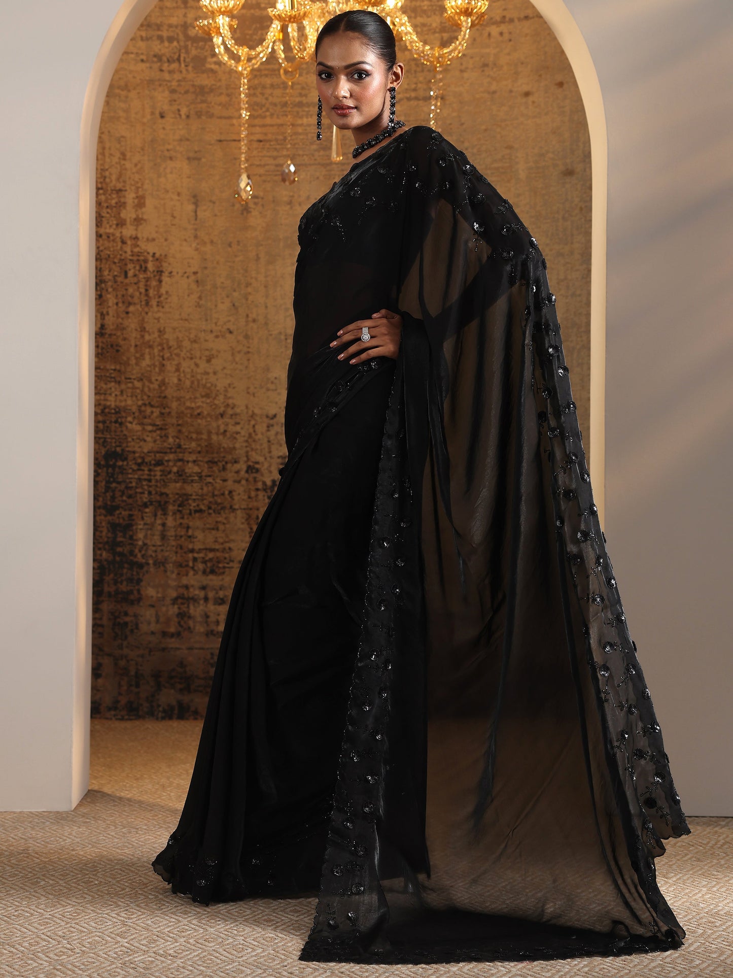 Black Embellished Satin Sarees With Unstitched Blouse Piece