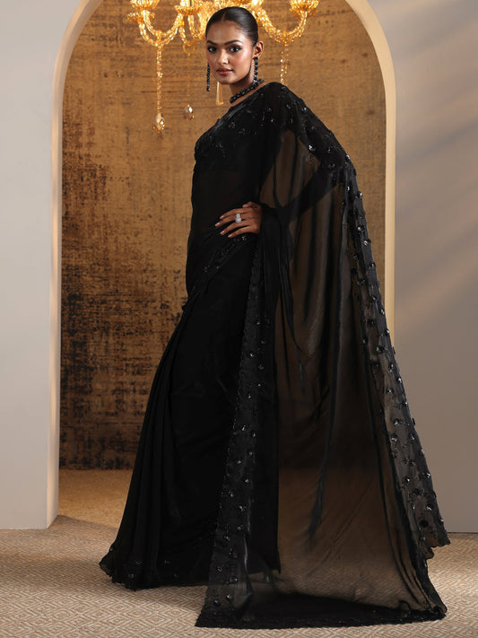 Black Solid Satin Saree With Unstitched Blouse Piece