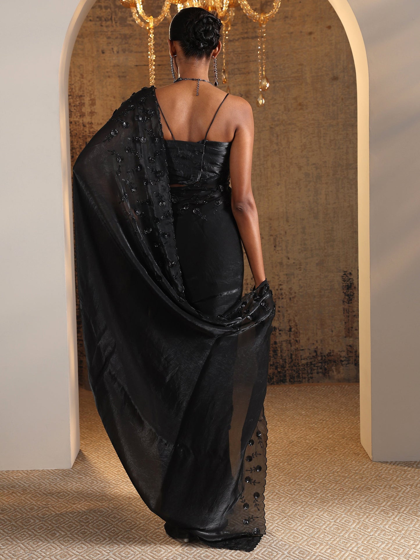 Black Embellished Satin Sarees With Unstitched Blouse Piece