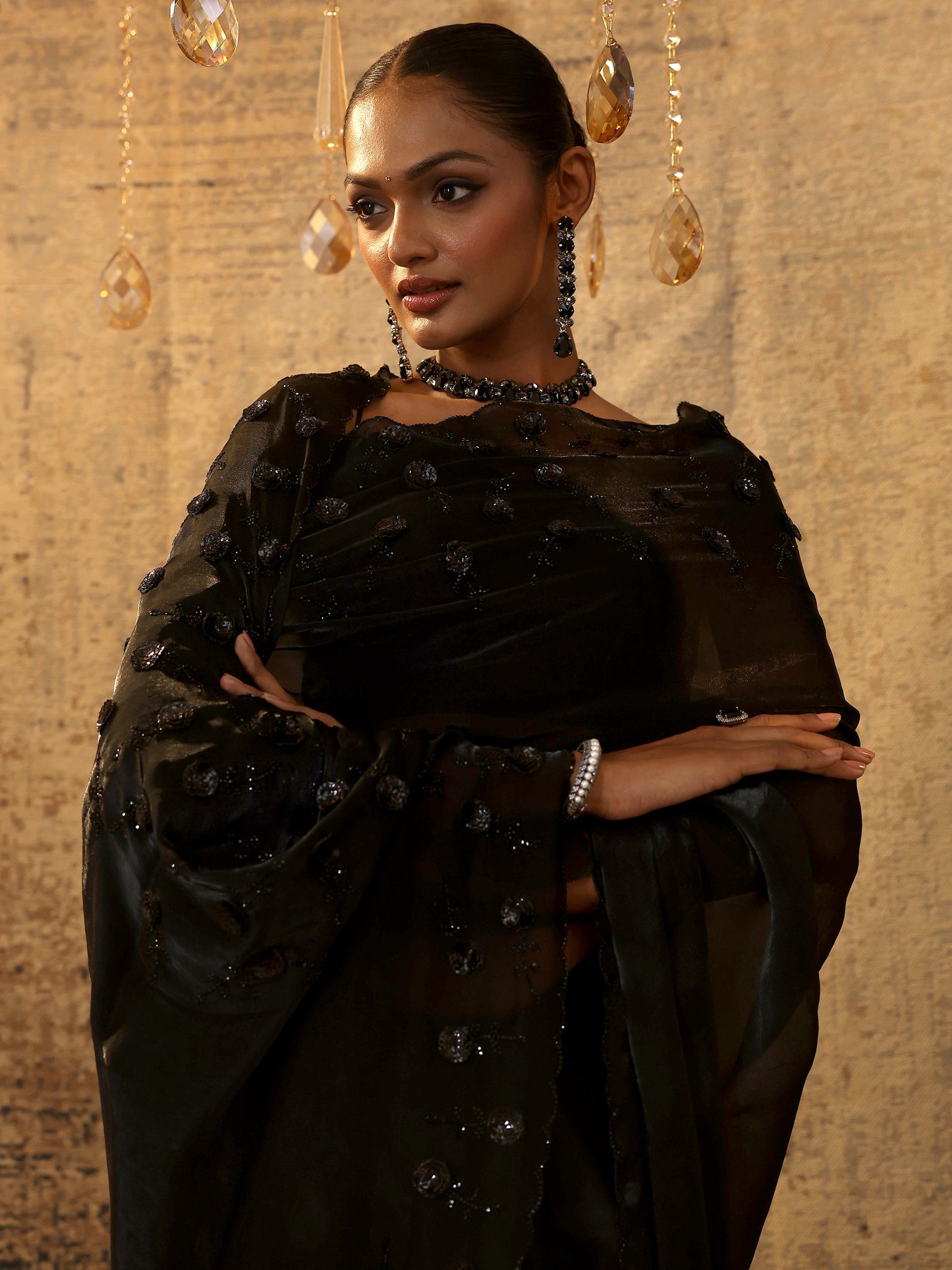 Black Embellished Satin Sarees With Unstitched Blouse Piece