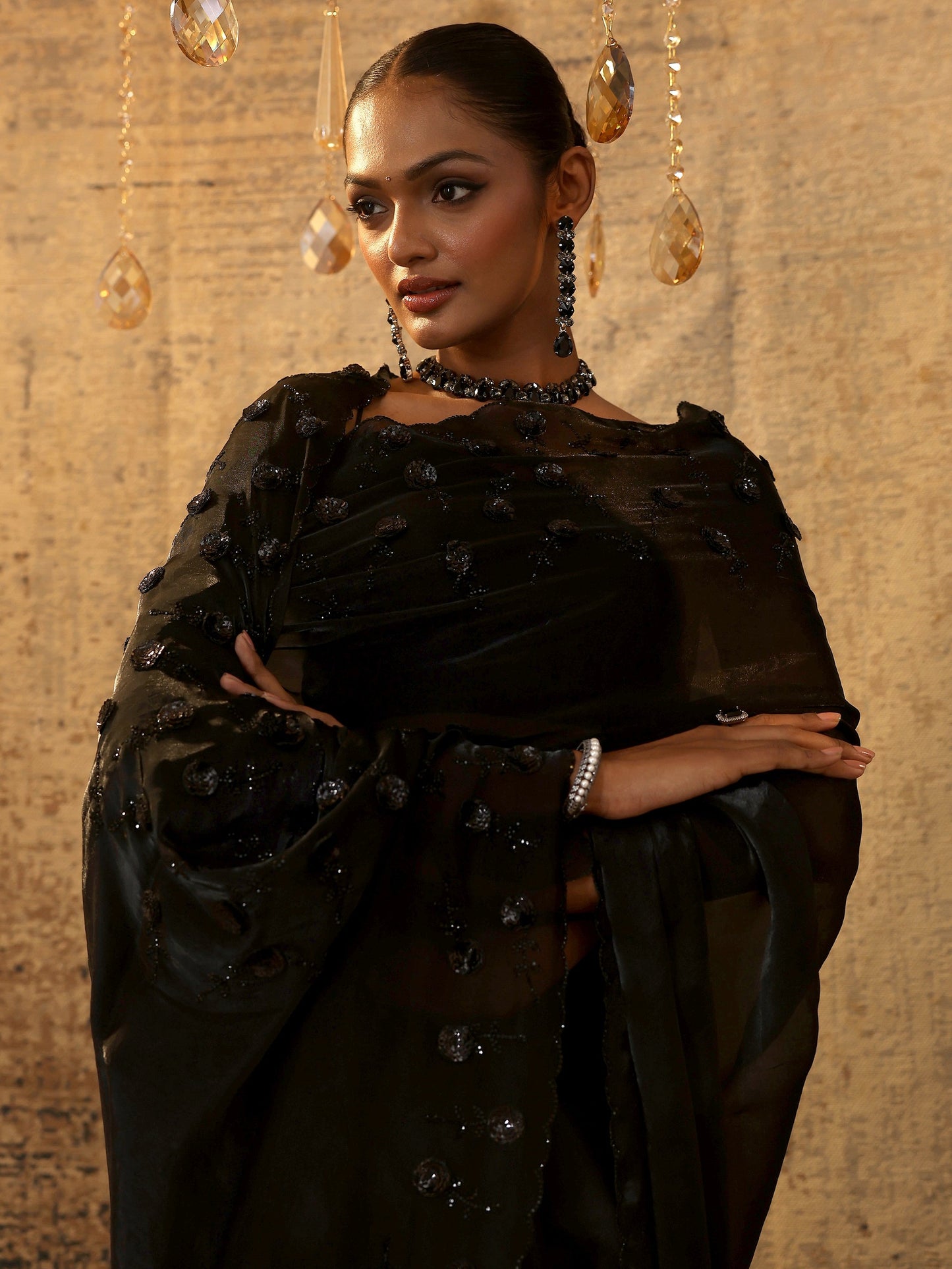 Black Solid Satin Saree With Unstitched Blouse Piece