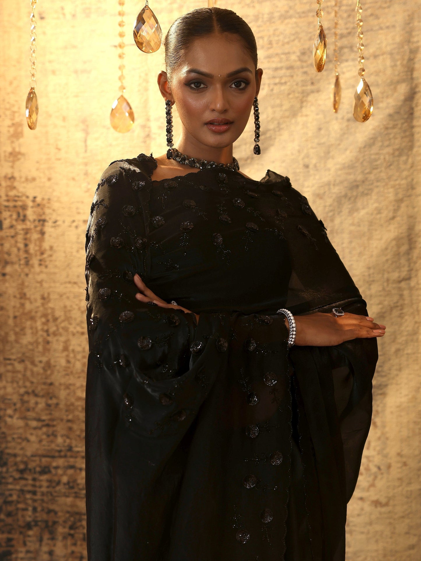 Black Solid Satin Saree With Unstitched Blouse Piece