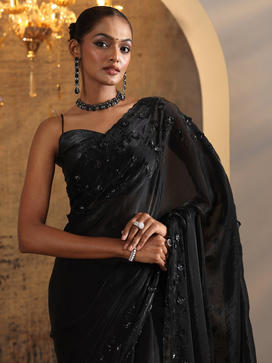 Black Embellished Satin Sarees With Unstitched Blouse Piece