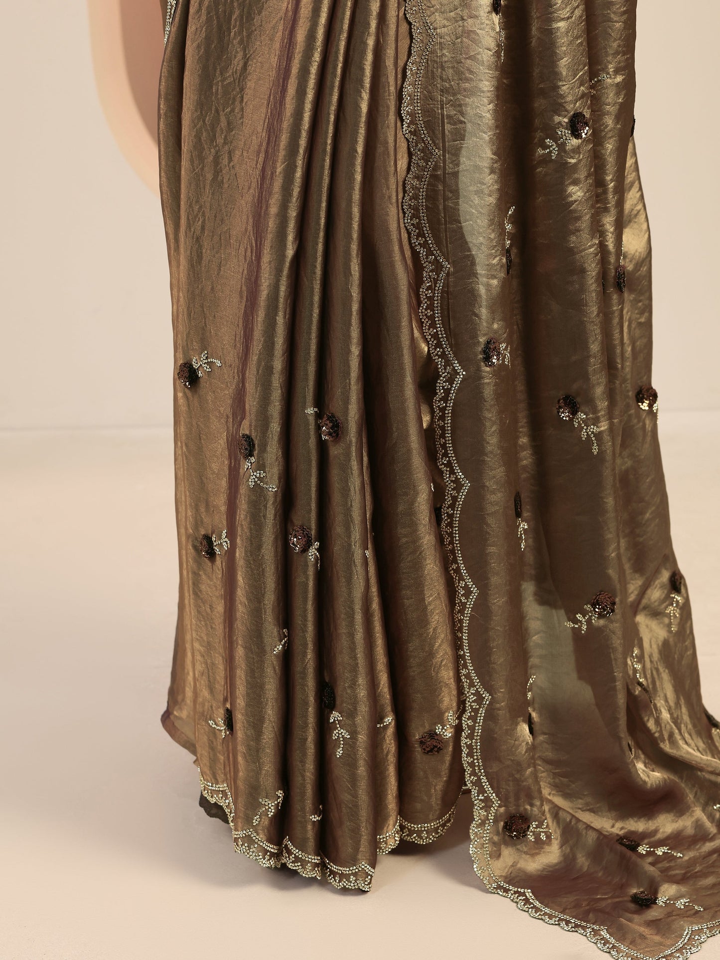 Copper Embellishments Satin Saree With Unstitched Blouse Piece