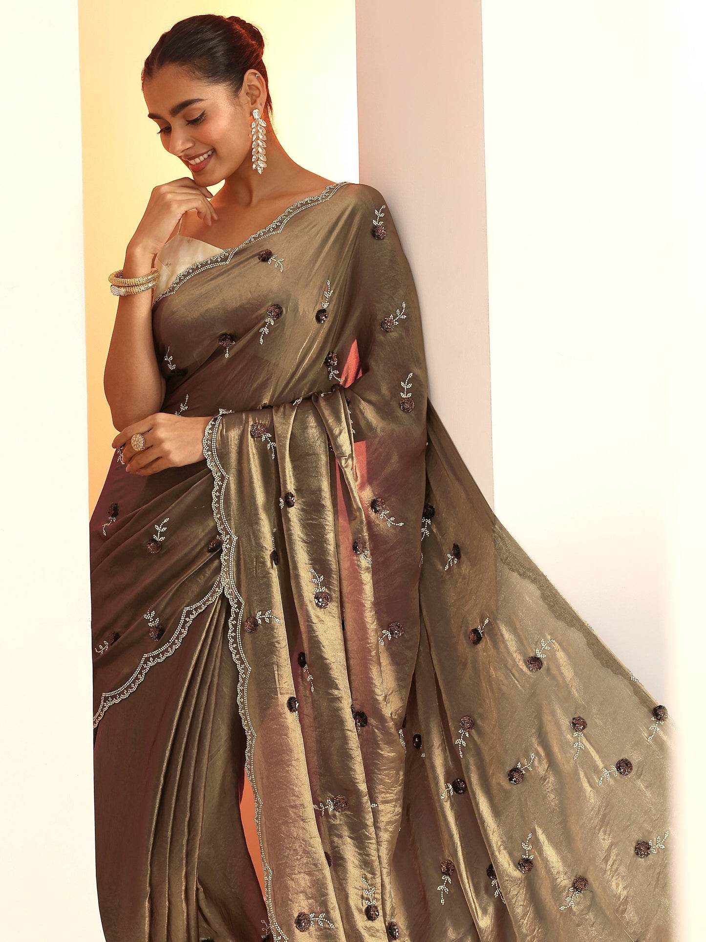 Copper Embellishments Satin Saree With Unstitched Blouse Piece