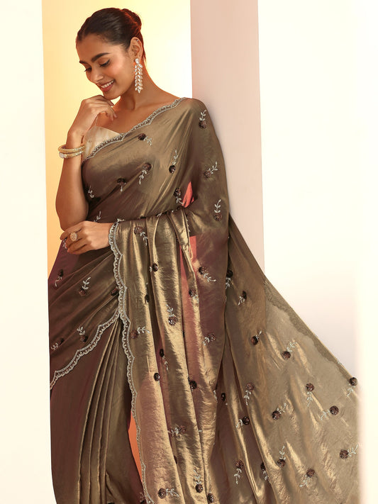 Copper Embellishments Satin Saree With Unstitched Blouse Piece