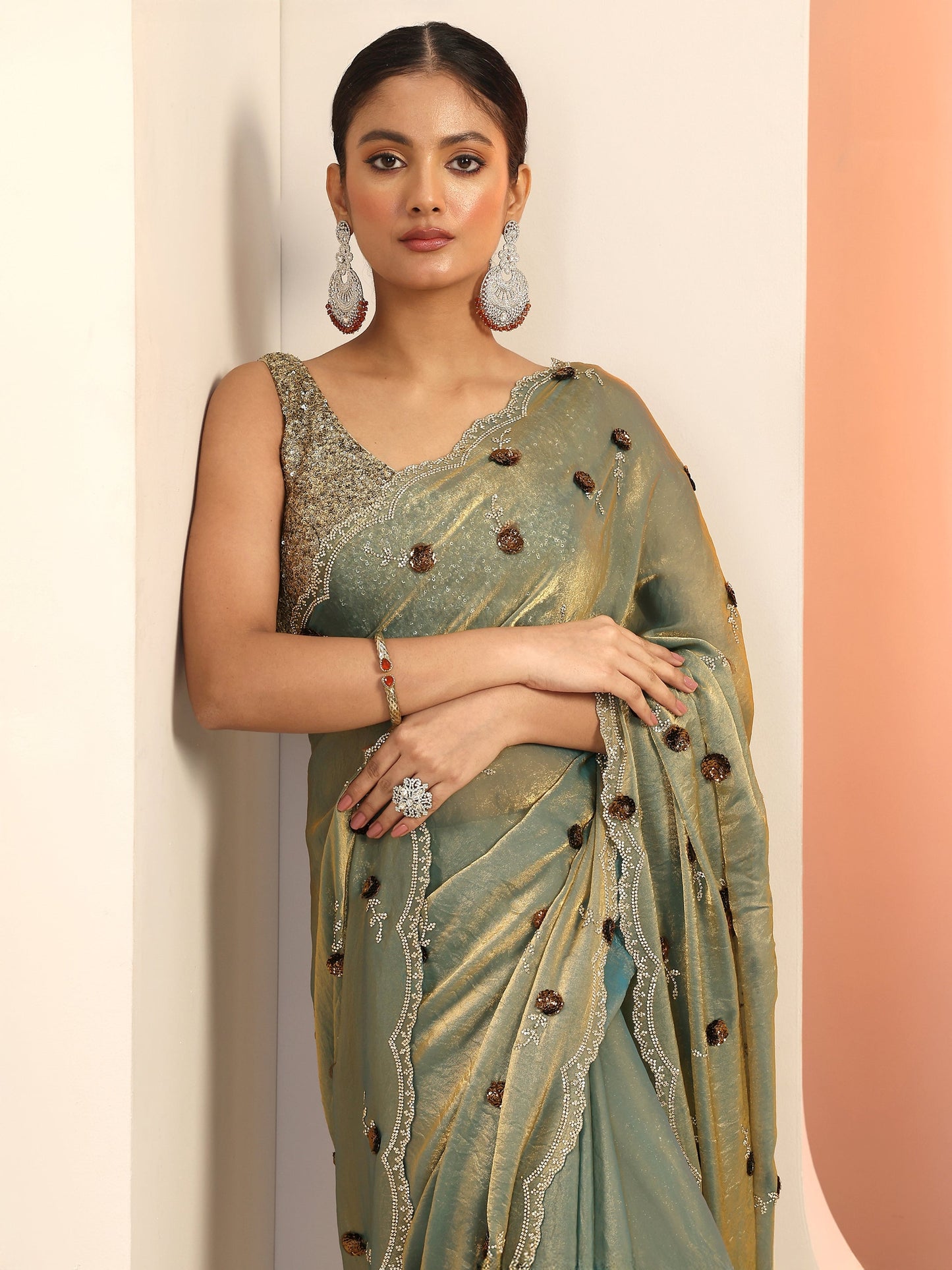 Blue Embellishments Satin Saree With Unstitched Blouse Piece