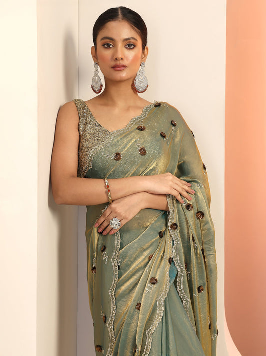 Blue Embellishments Satin Saree With Unstitched Blouse Piece