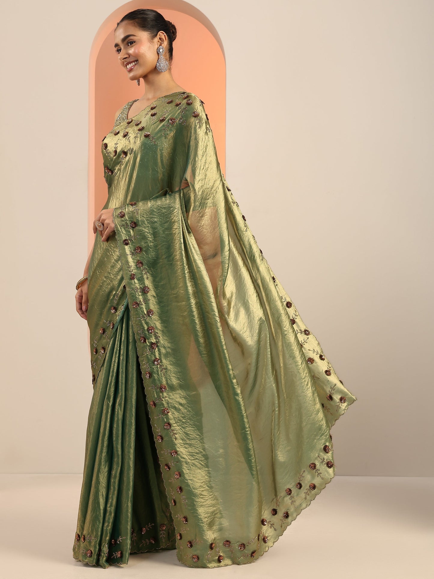 Green Solid Satin Saree With Unstitched Blouse Piece