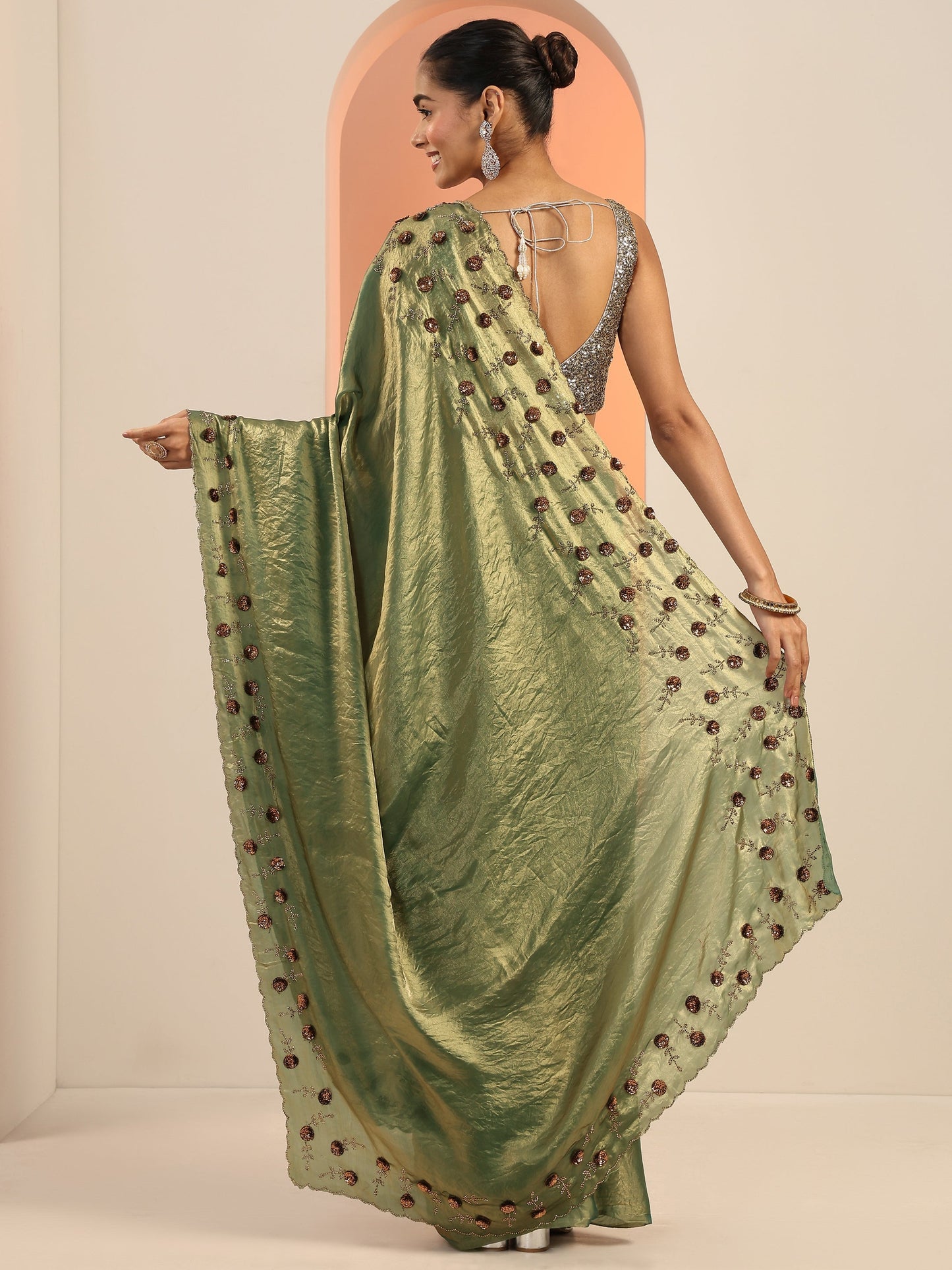Green Solid Satin Saree With Unstitched Blouse Piece