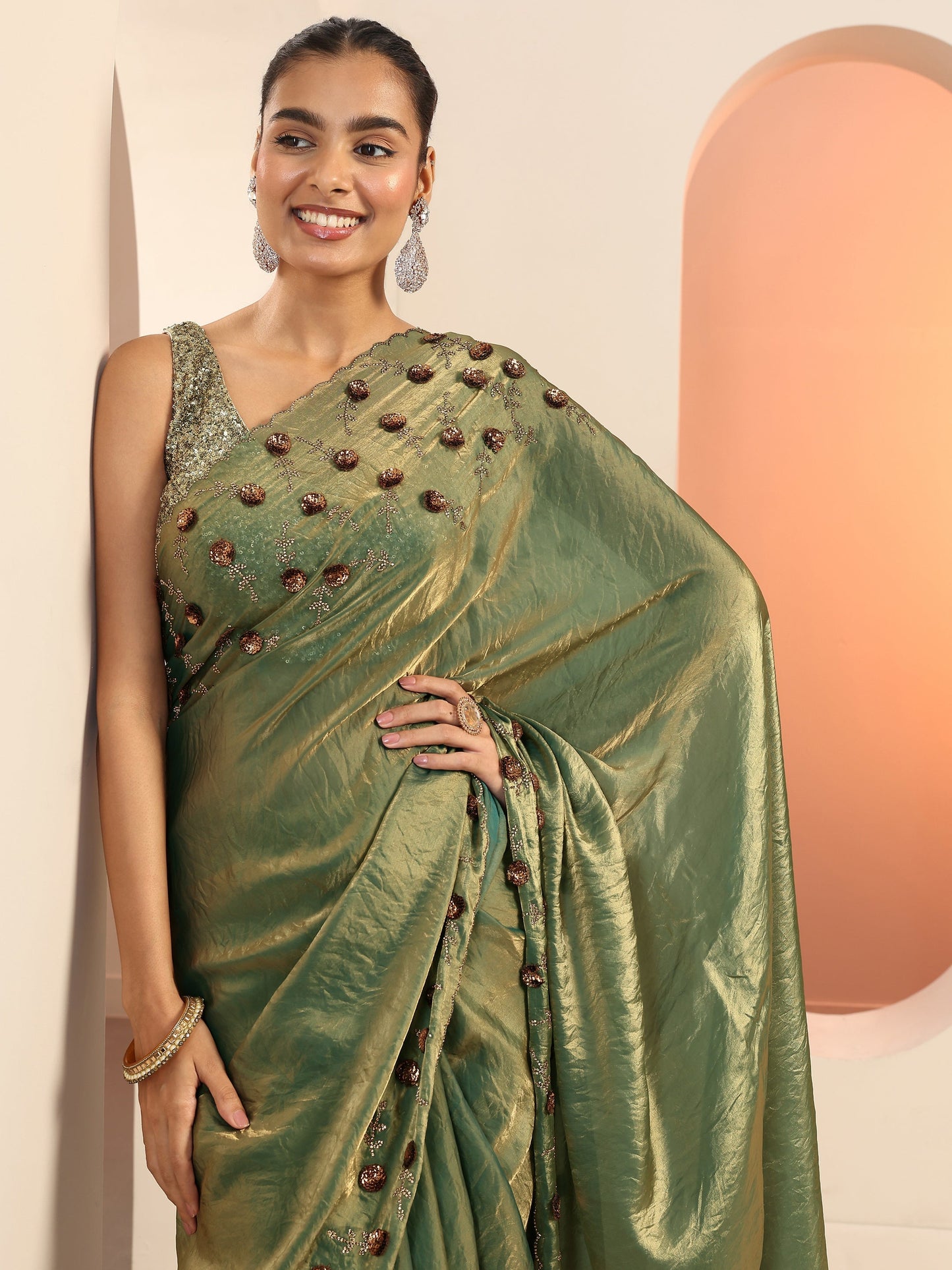 Green Solid Satin Saree With Unstitched Blouse Piece